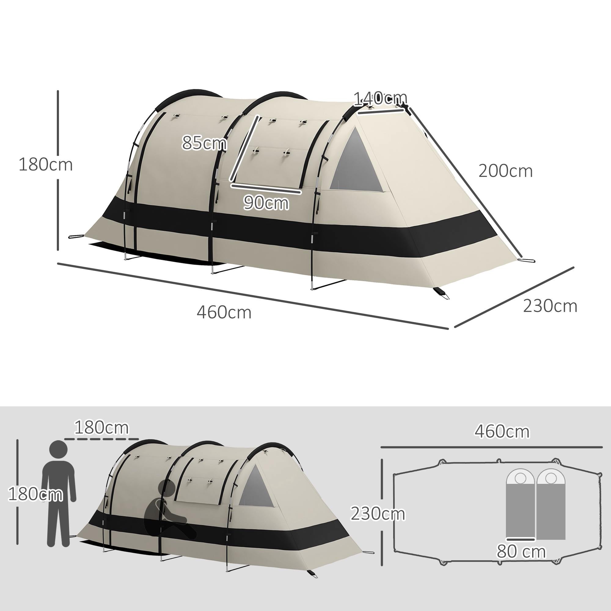 Outsunny Four Man, Two Room Blackout Tent, with Accessories - Khaki - North Peak Garden Furniture