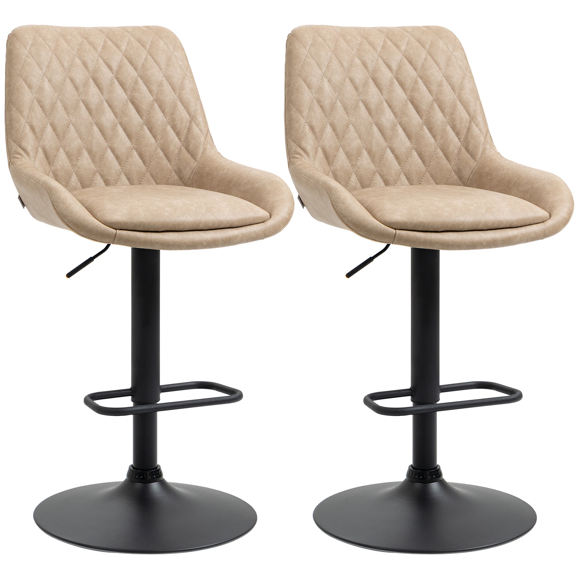 HOMCOM Retro Bar Stools Set of 2, Adjustable Kitchen Stool, Upholstered Bar Chairs with Back, Swivel Seat, Light Khaki - North Peak Garden Furniture