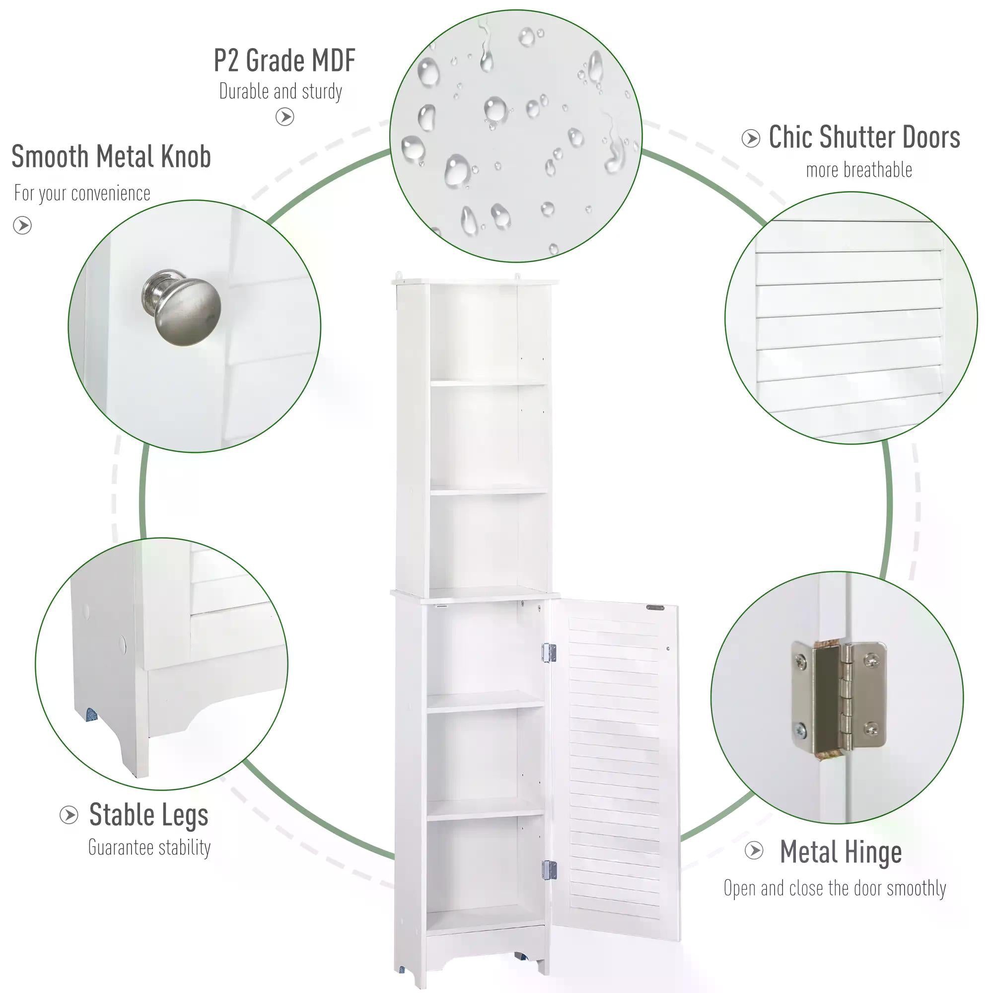 HOMCOM Tall Bathroom Cabinet Storage Cupboard Floor Standing Home Bathroom Furniture w/ 6 Shelves 165H x 34W x 20D cm White