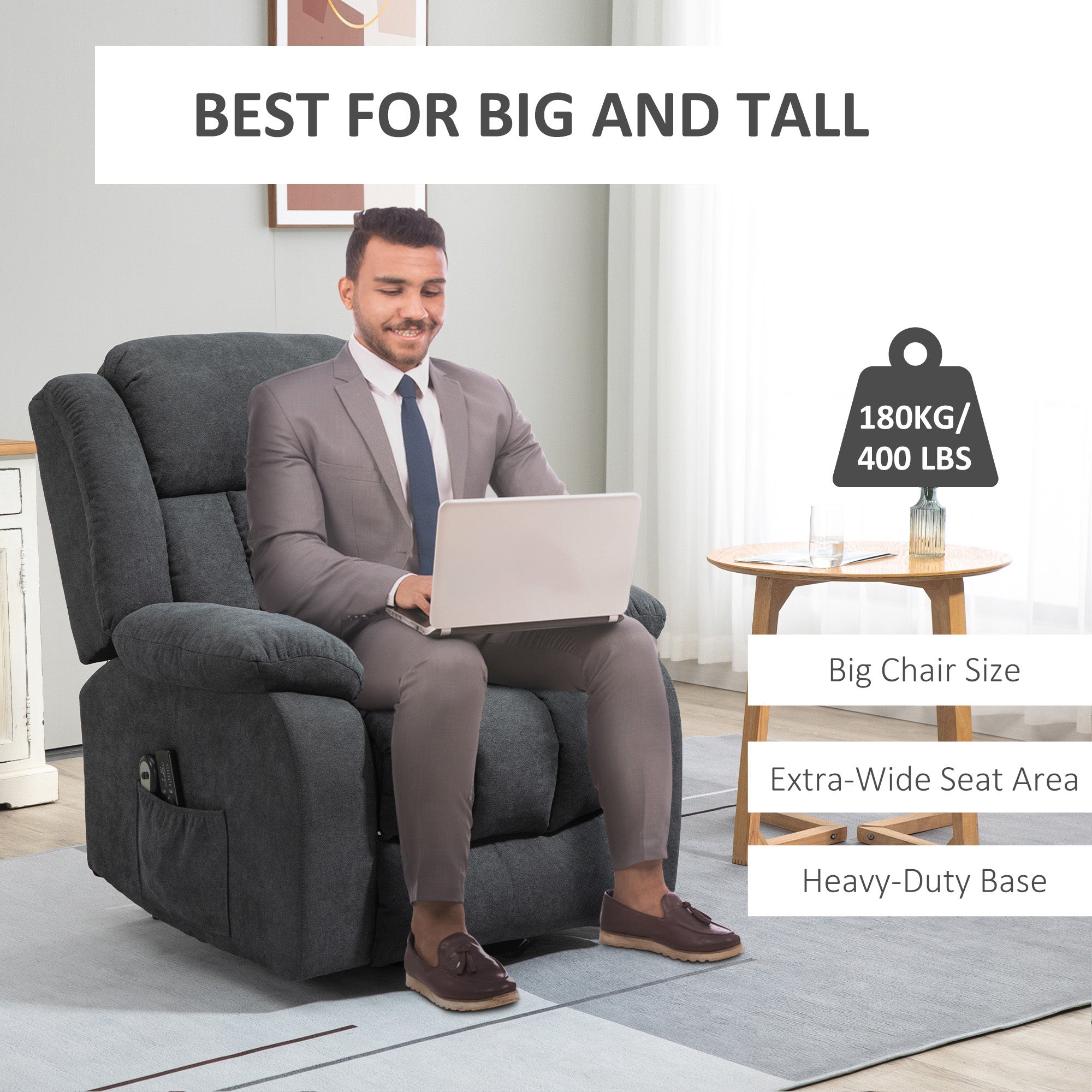 HOMCOM Oversized Riser and Recliner Chairs for the Elderly with 8 Vibration Massage, Large Fabric Upholstered Lift Chair for Living Room with Remote Control, Side Pocket, Footrest, Dark Grey - North Peak Garden Furniture