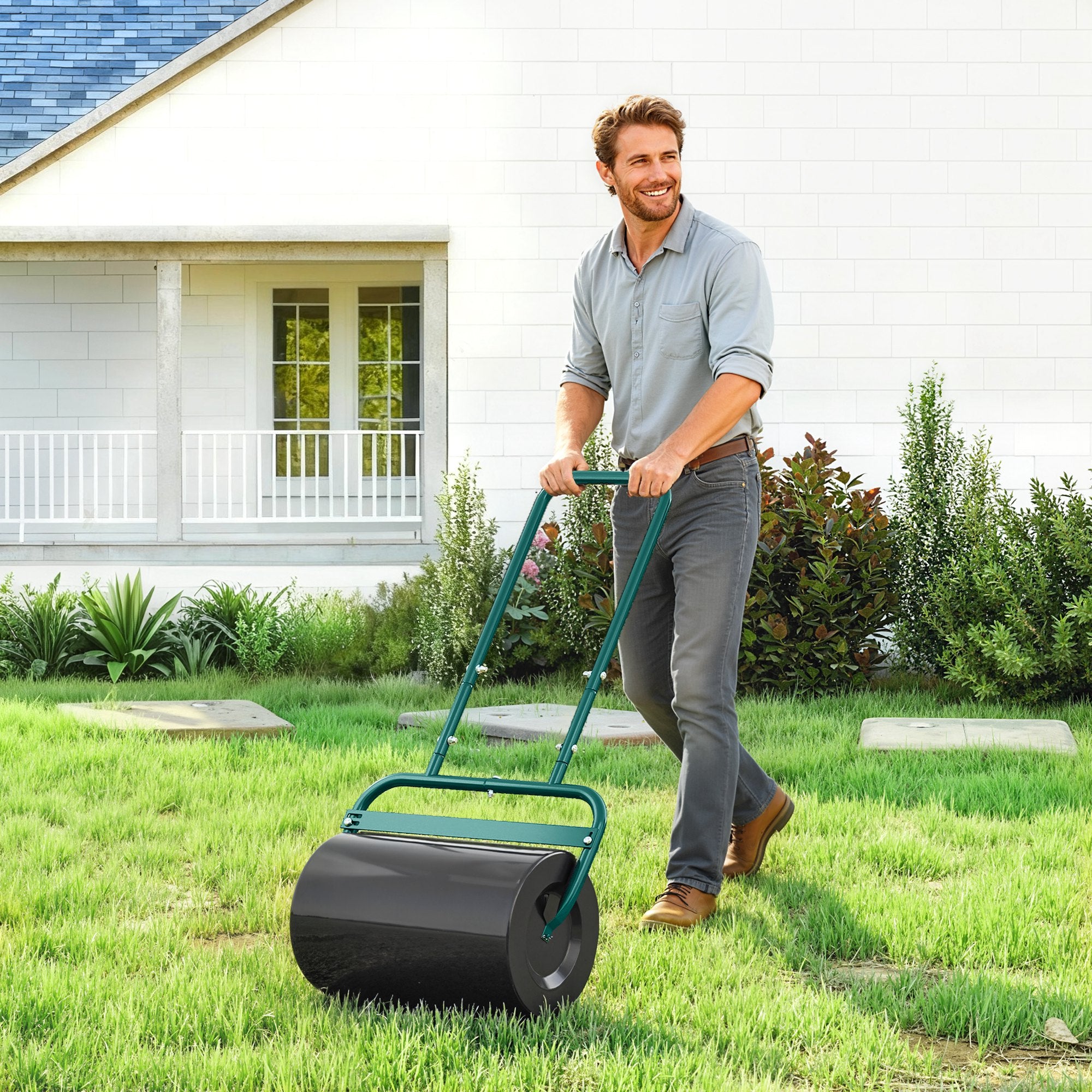 Outsunny 38L Fillable Cylinder Steel Lawn Roller - Dark Green