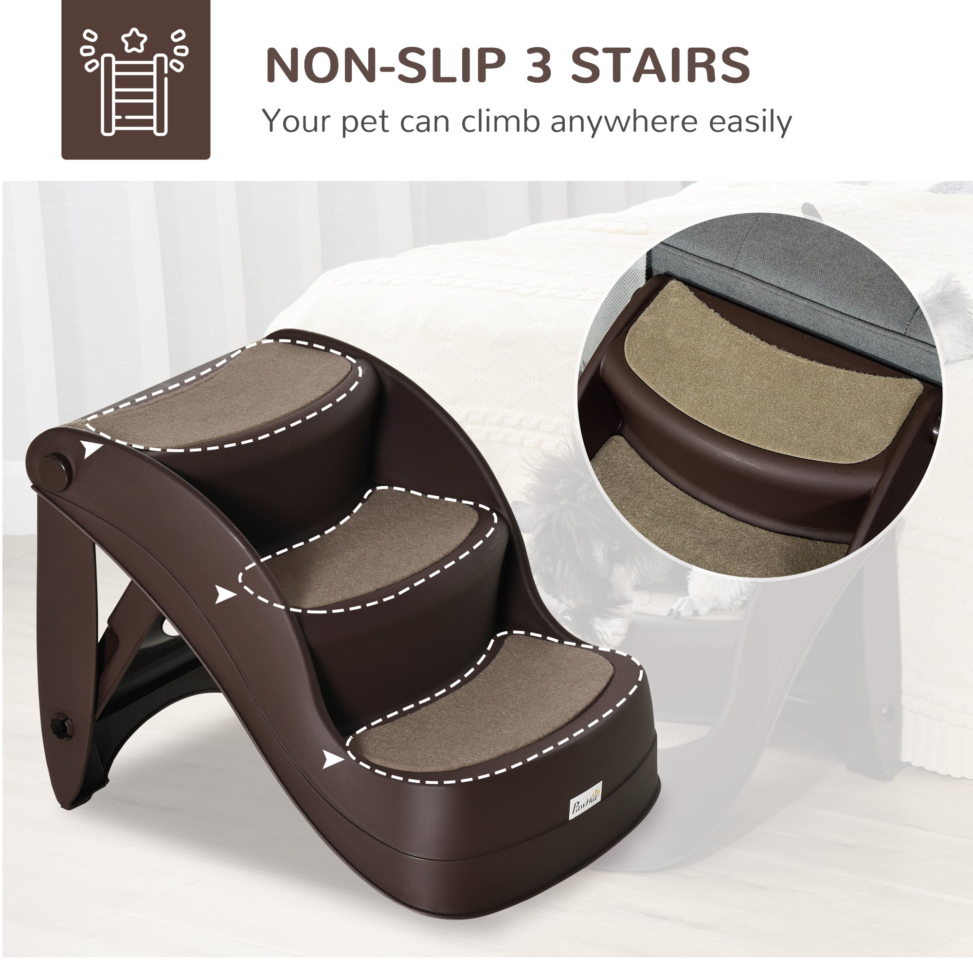 PawHut Foldable Pet Stairs Portable Dog Steps 3-Step Design with Non-slip Mats for High Beds, Sofas, 49 x 38 x 38 cm, Brown - North Peak Garden Furniture