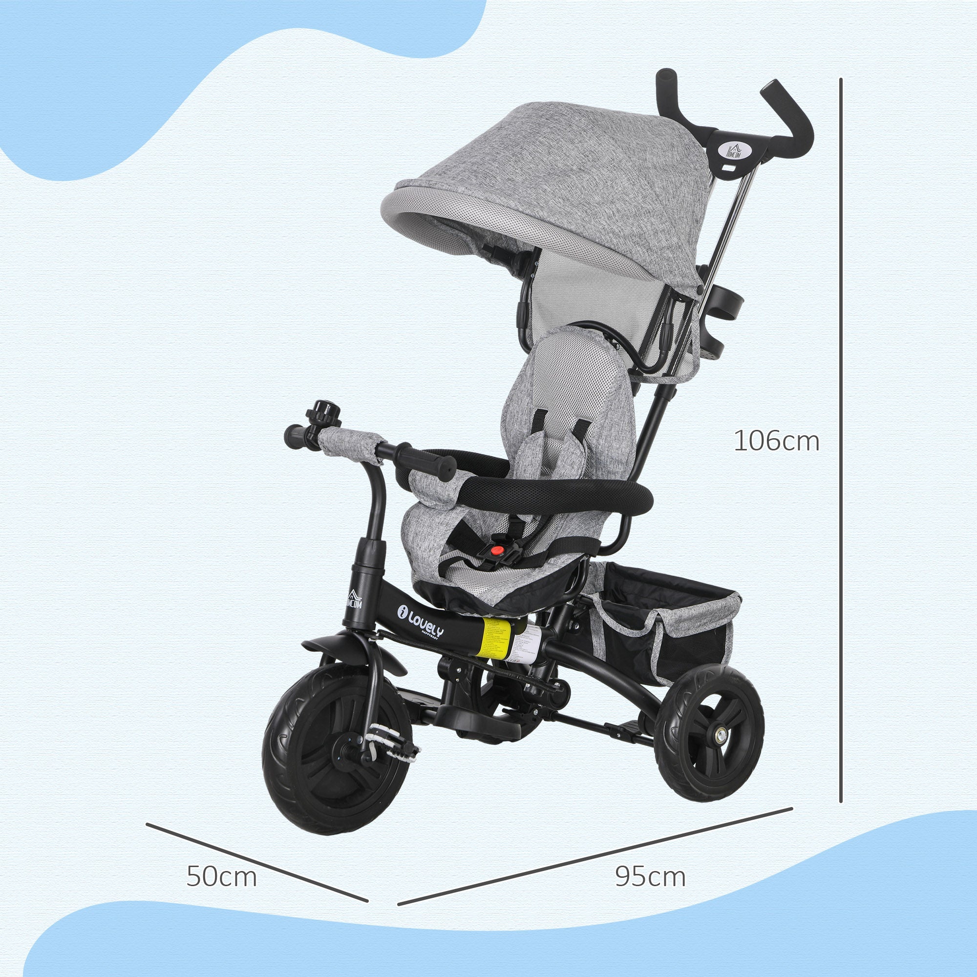 HOMCOM 6 in 1 Kids Trike Push Bike w/ Push Handle, Canopy, 5-point Safety Belt, Storage, Footrest, Brake, for 1-5 Years, Grey - North Peak Garden Furniture