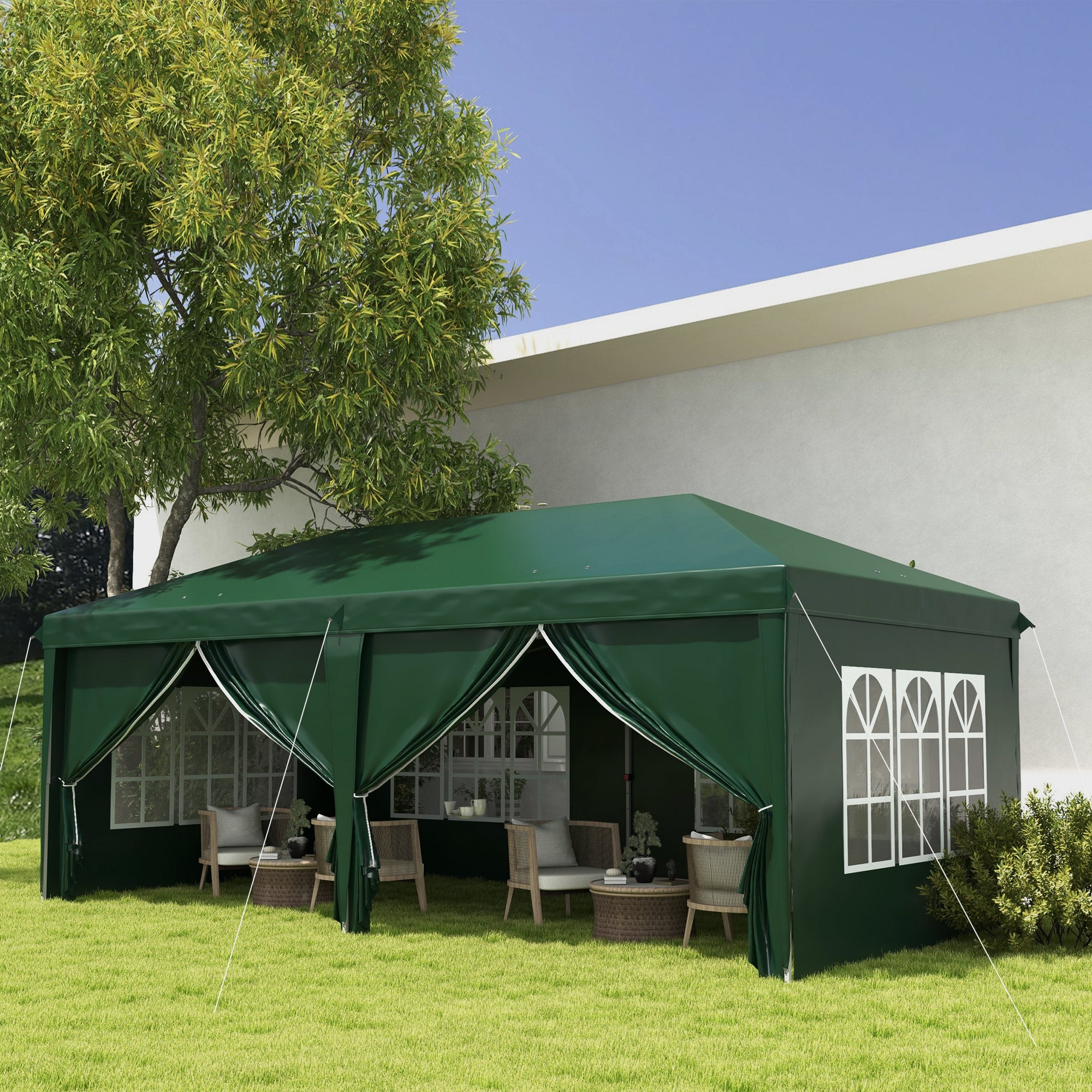 Outsunny 3 x 6m Pop-Up Gazebo, with Curtain Walls and Windows - Dark Green - North Peak Garden Furniture