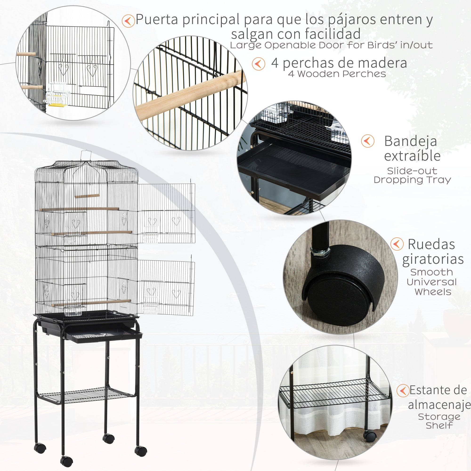 PawHut Bird Cage Budgie Cages for Finch Canary Parakeet with Stand Wheels Slide-out Tray Accessories Storage Shelf, Black 46.5 x 36 x 157 cm - North Peak Garden Furniture