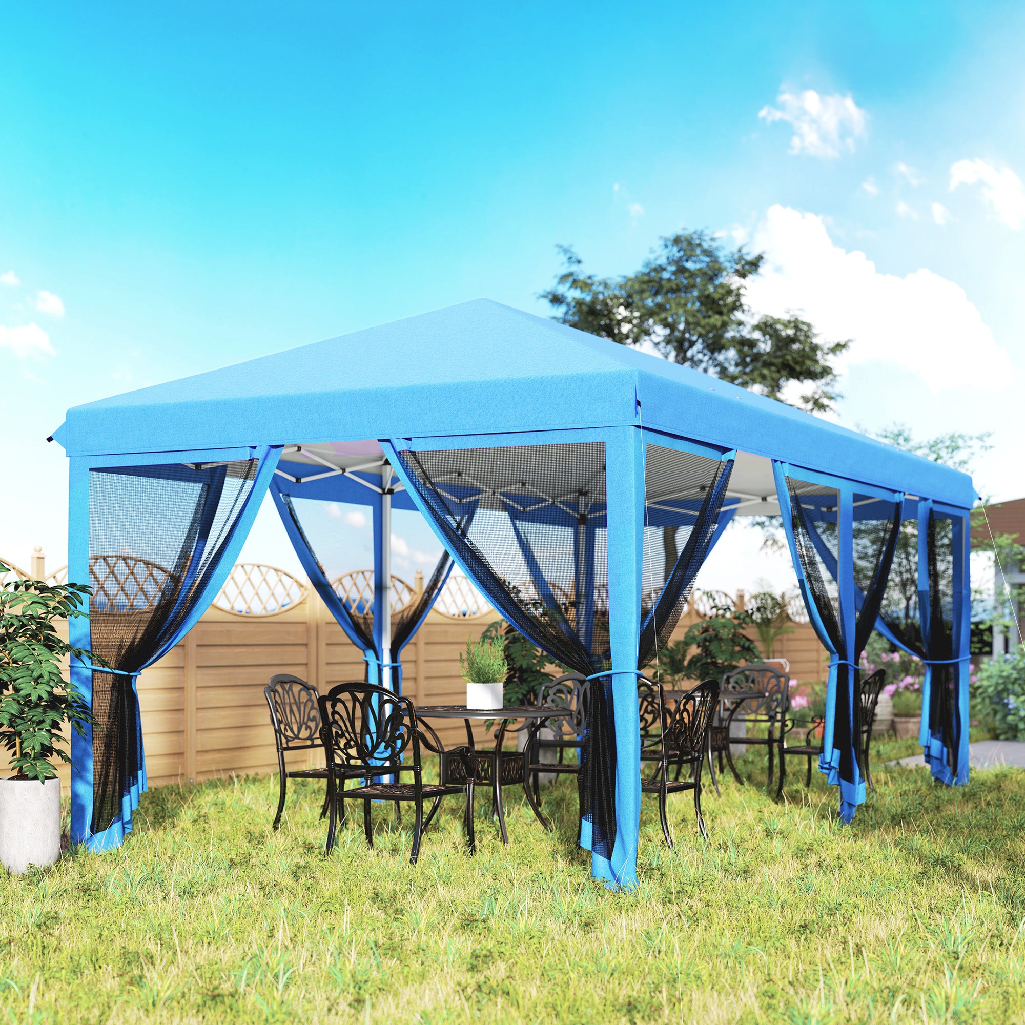 Outsunny 3 x 6m Pop Up Gazebo, Outdoor Canopy Shelter, Marquee Party Wedding Tent with 6 Mesh Walls and Carry Bag, Blue - North Peak Garden Furniture