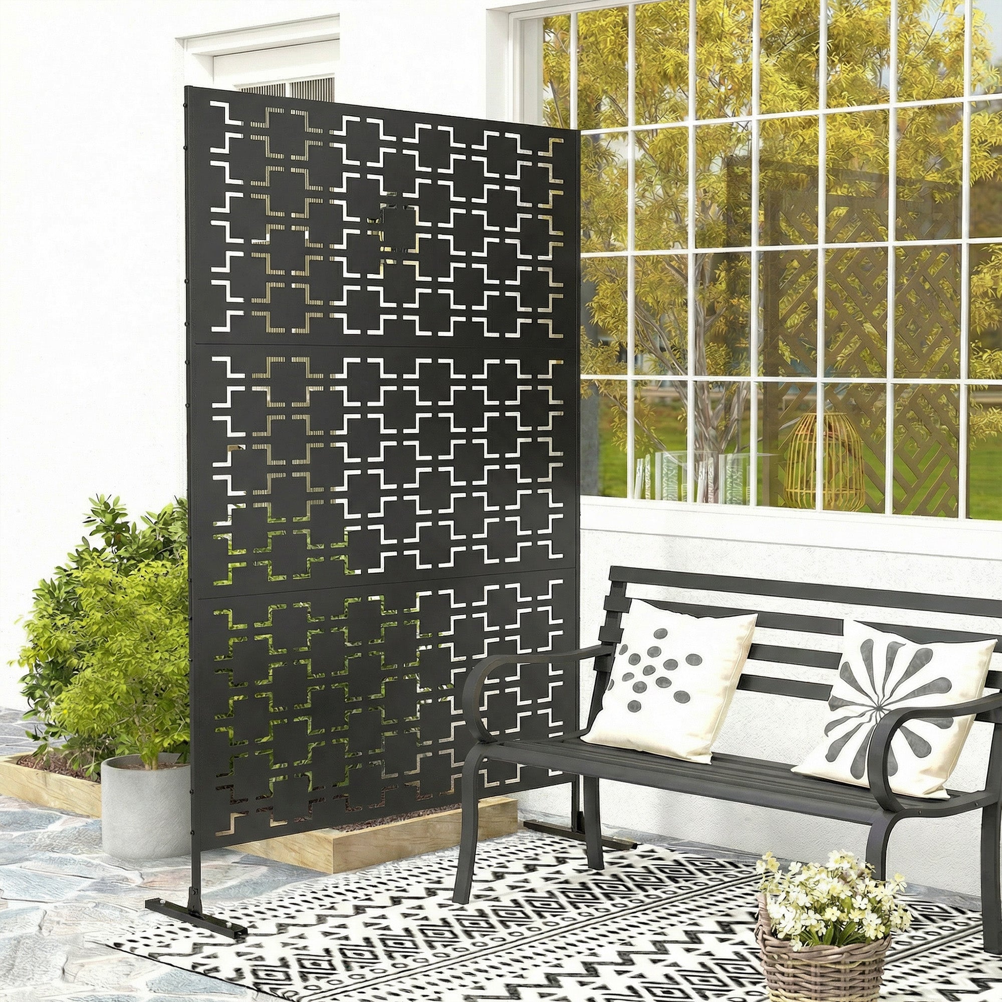 Outsunny Metal Decorative Privacy Screen Outdoor Divider, Black Grid