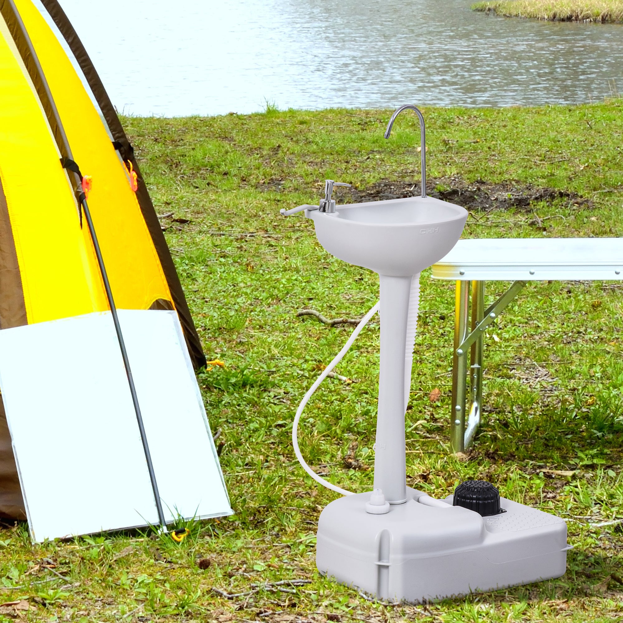 Outsunny Camping Portable Handwash Sink w/ Towel Holder & Soap Dispenser Rolling Wheels Outdoor Drainage Equipment - North Peak Garden Furniture