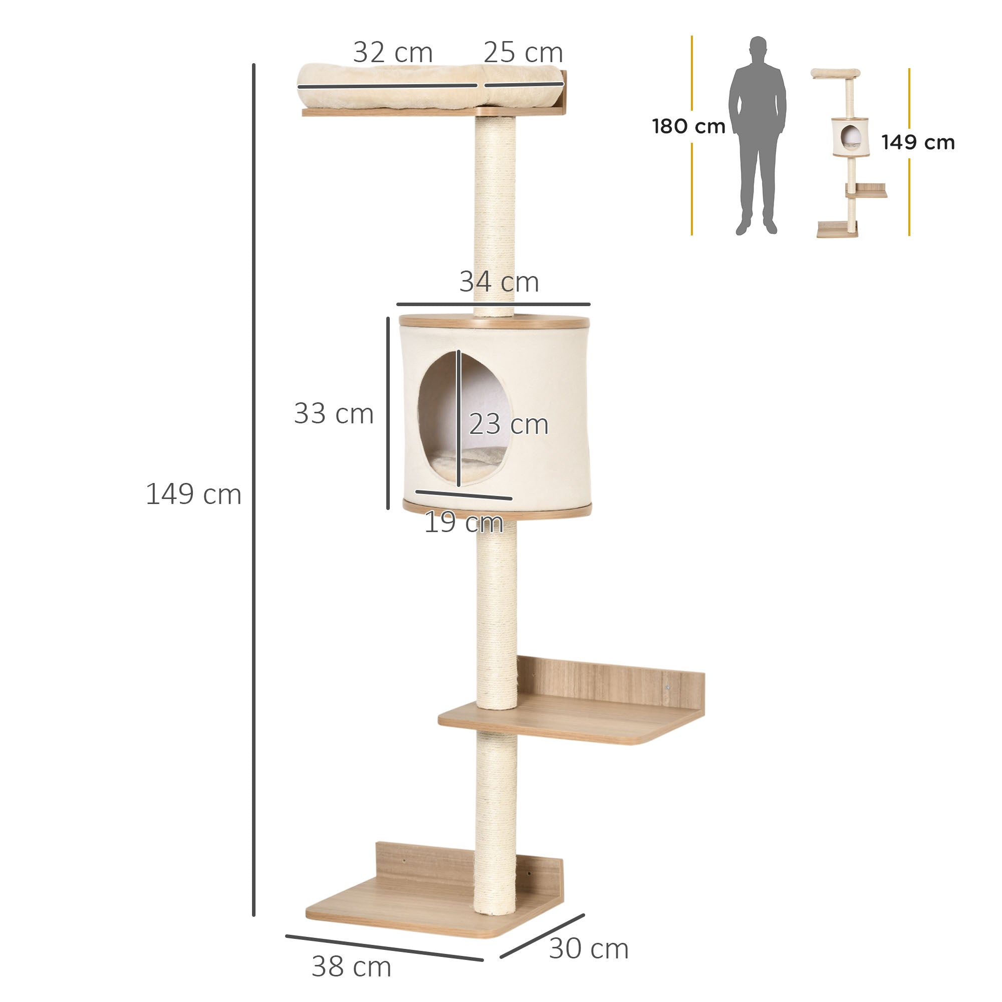 PawHut Wall-Mounted Cat Tree, with Cat House, Bed, Scratching Post - Beige - North Peak Garden Furniture