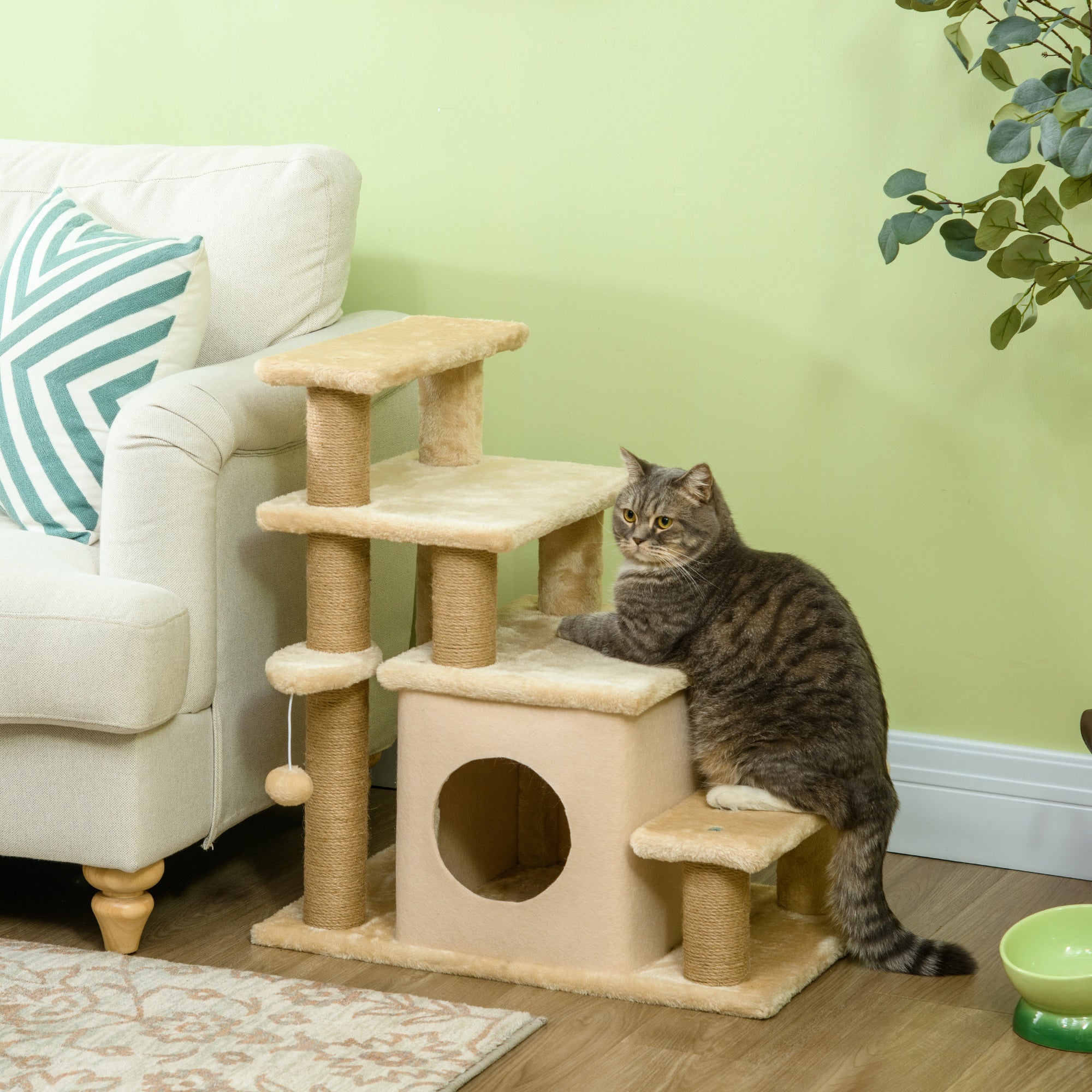 PawHut Adjustable Cat Steps, with House & Hanging Toy Ball - Beige - North Peak Garden Furniture
