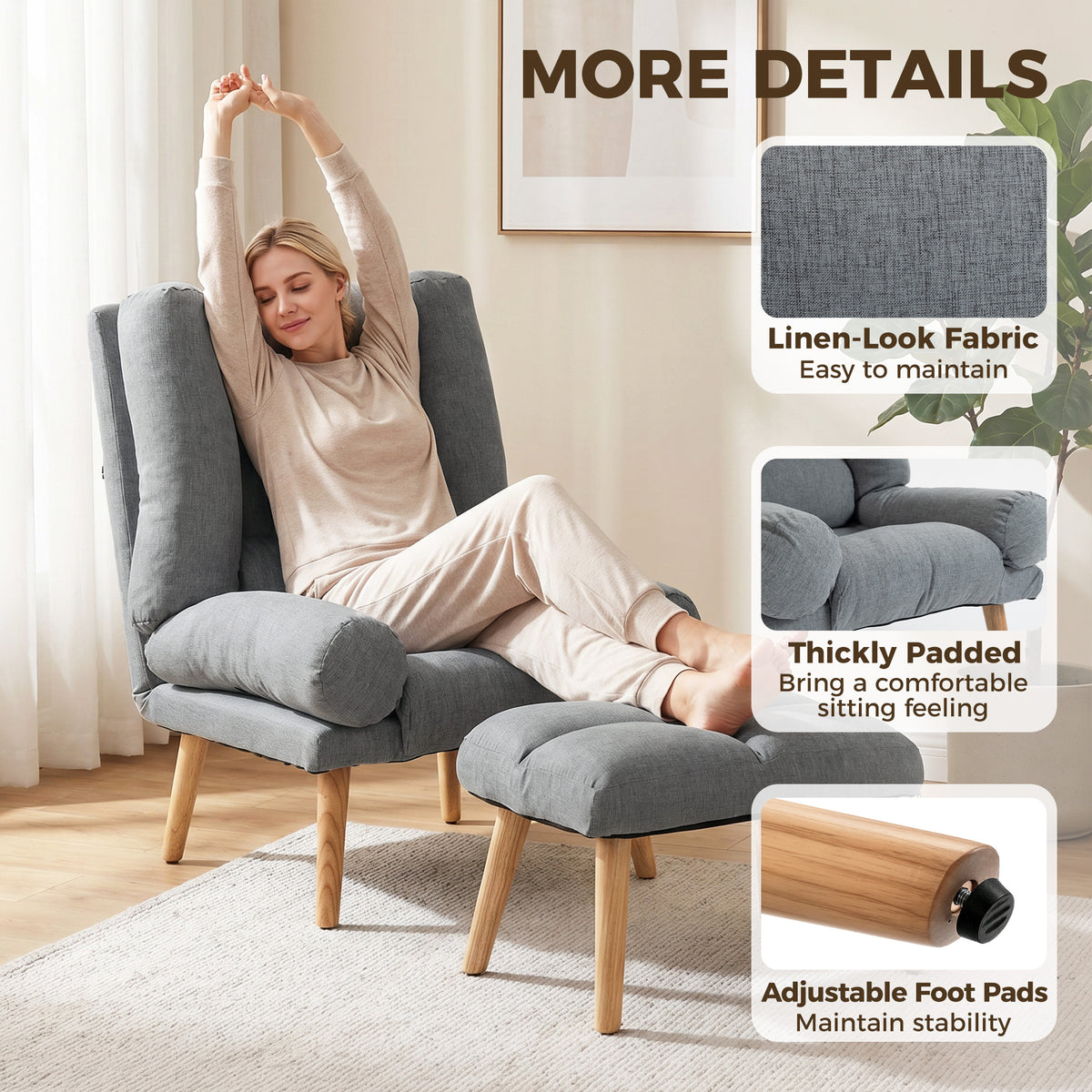 HOMCOM Recliner Chair with Footstool, Recliner Armchair with Adjustable Backrest, Thick Cushion and Wooden Legs, Grey