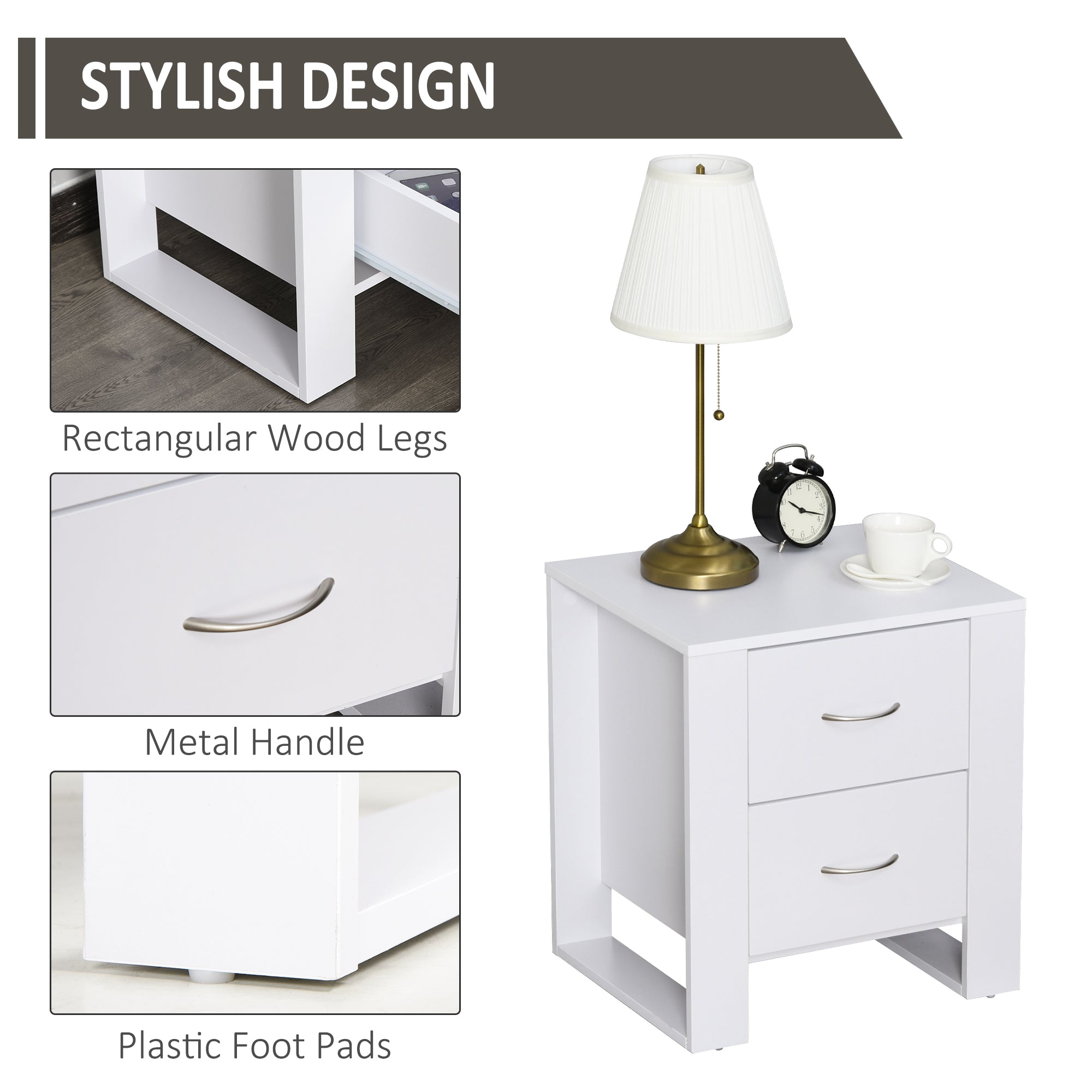 HOMCOM Bedside Table with 2 Drawers, Modern Boxy Design, Elevated Base, Melamine Finish, Bedroom Storage, White