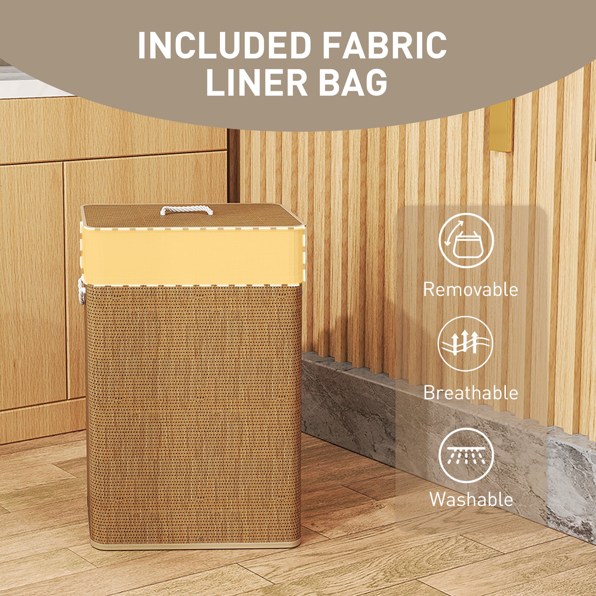 HOMCOM Bamboo Laundry Basket with Lid, 72L Laundry Hamper with Rope Handles, Washing Basket with Removable Washable Liner Bag for Bathroom, Bedroom, Brown - North Peak Garden Furniture