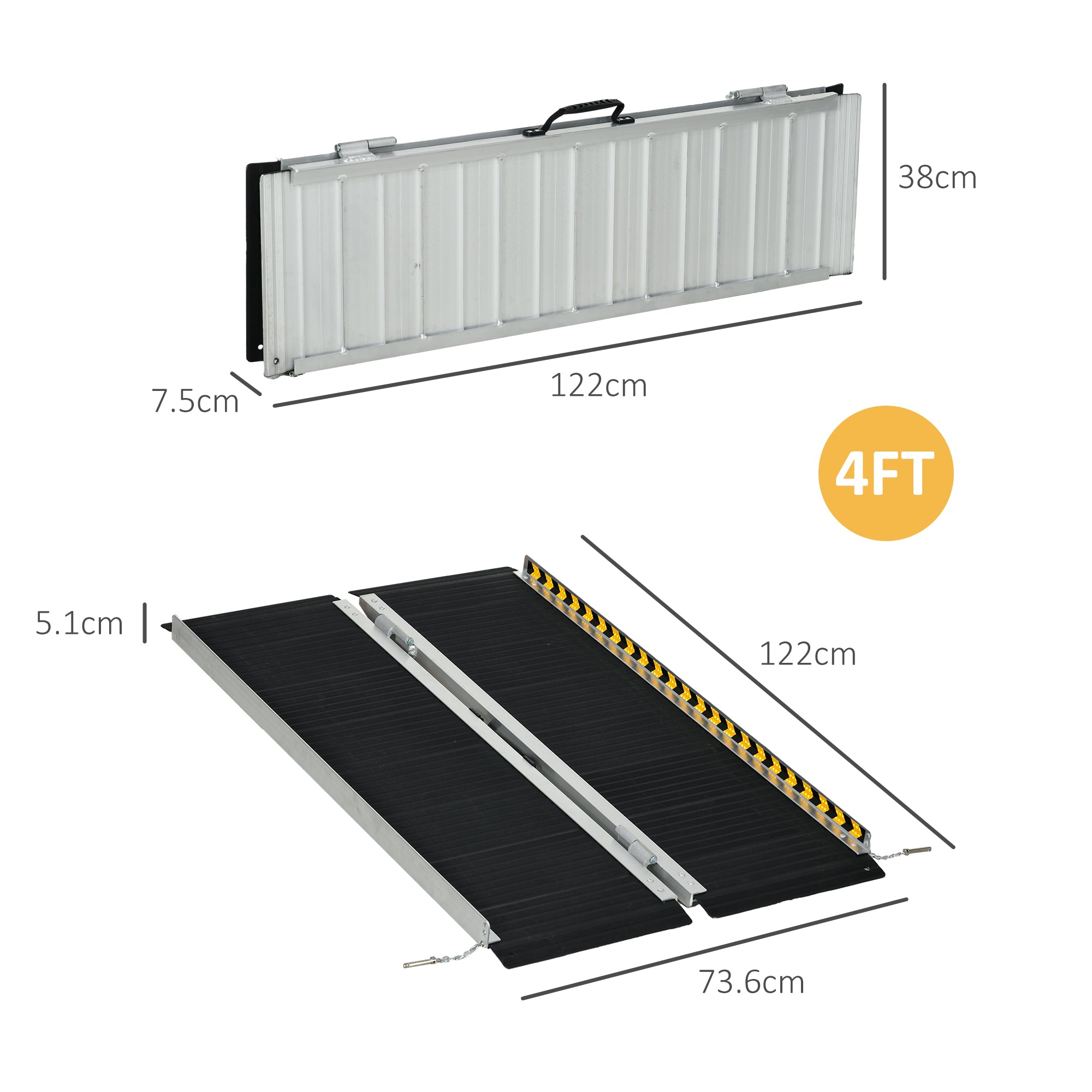 HOMCOM Wheelchair Ramp, 122L x 73Wcm, 272KG Capacity, Folding Aluminium Threshold Ramp with Non-Skid Surface, Transition Plates Above and Below for Home, Steps, Stairs, Curbs, Doorways - North Peak Garden Furniture