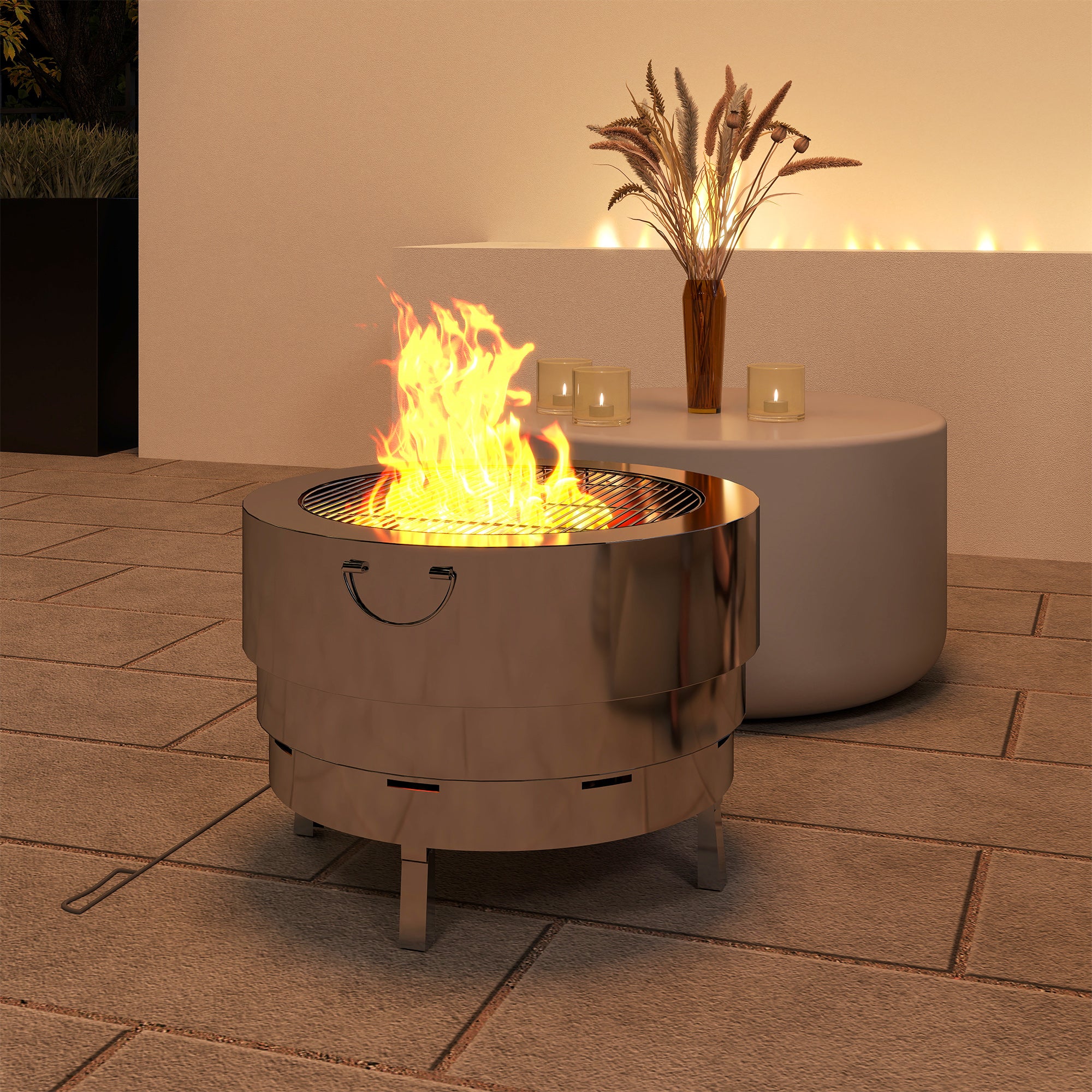 Outsunny Stainless Steel Wood-burning Fire Pit with Fire Poker - Silver - North Peak Garden Furniture