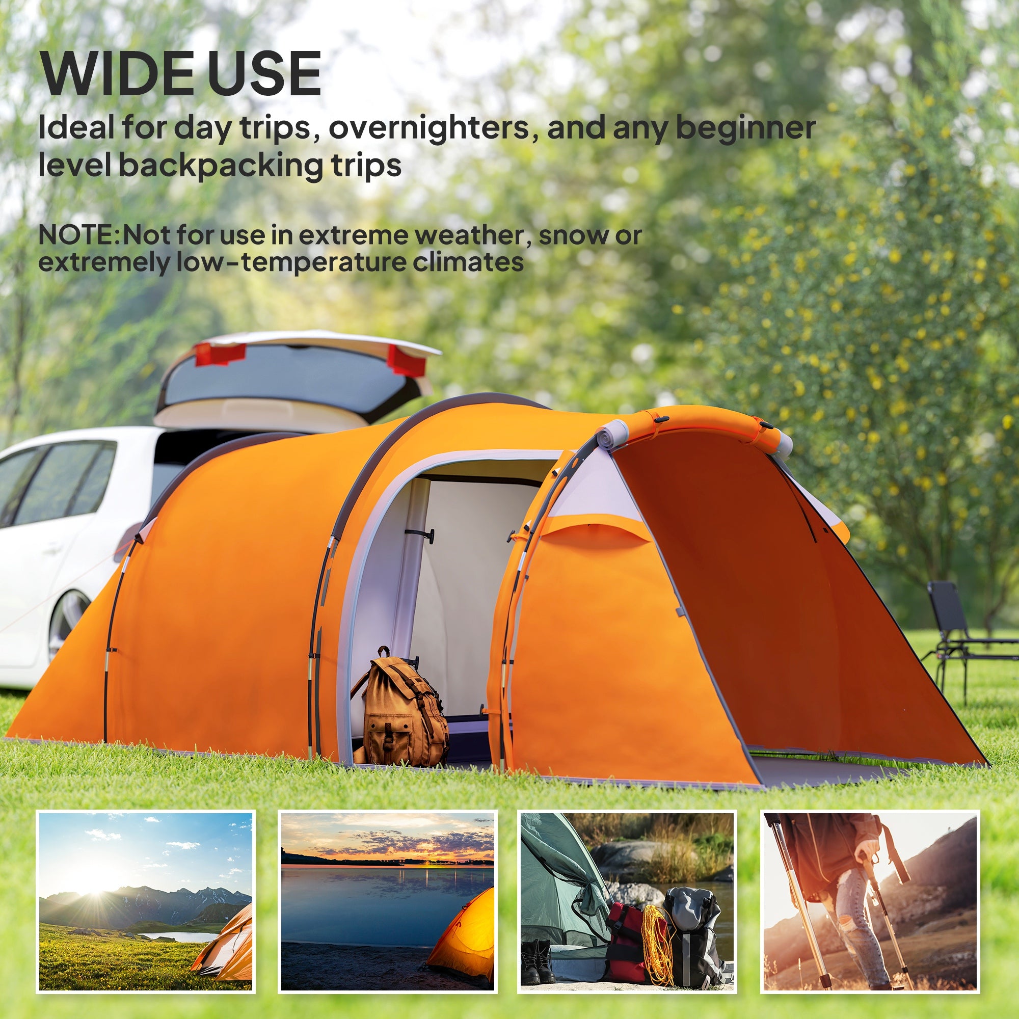 Outsunny 2-3 Man Tunnel Tents w/ Vestibule Camping Tent Porch Air Vents Weather-Resistant Shelter, Orange - North Peak Garden Furniture