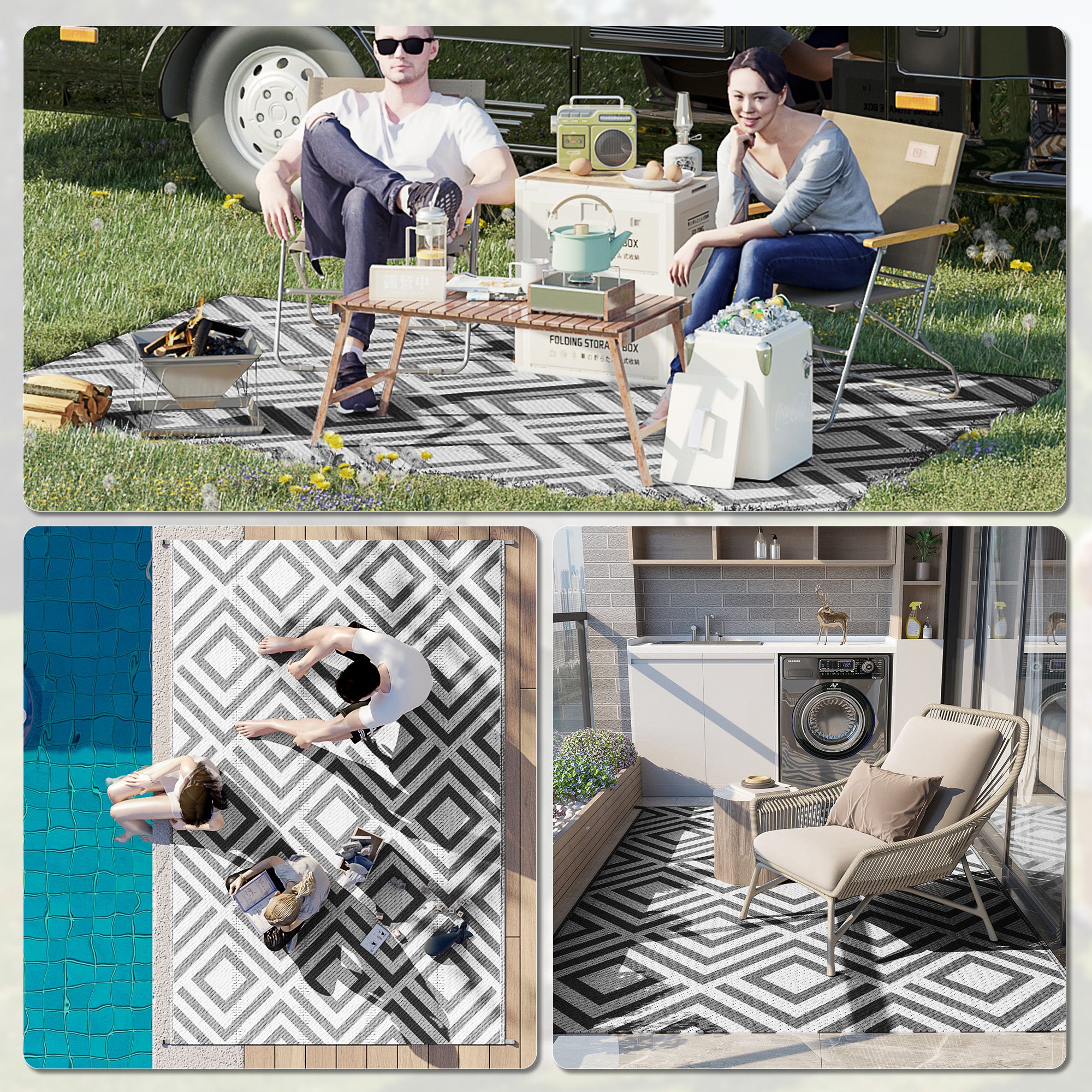 Outsunny Reversible Outdoor Rug, Plastic Straw Mat w/ Carry Bag Ground Stakes for Garden RV Picnic Beach Camping 182x274cm Black - North Peak Garden Furniture