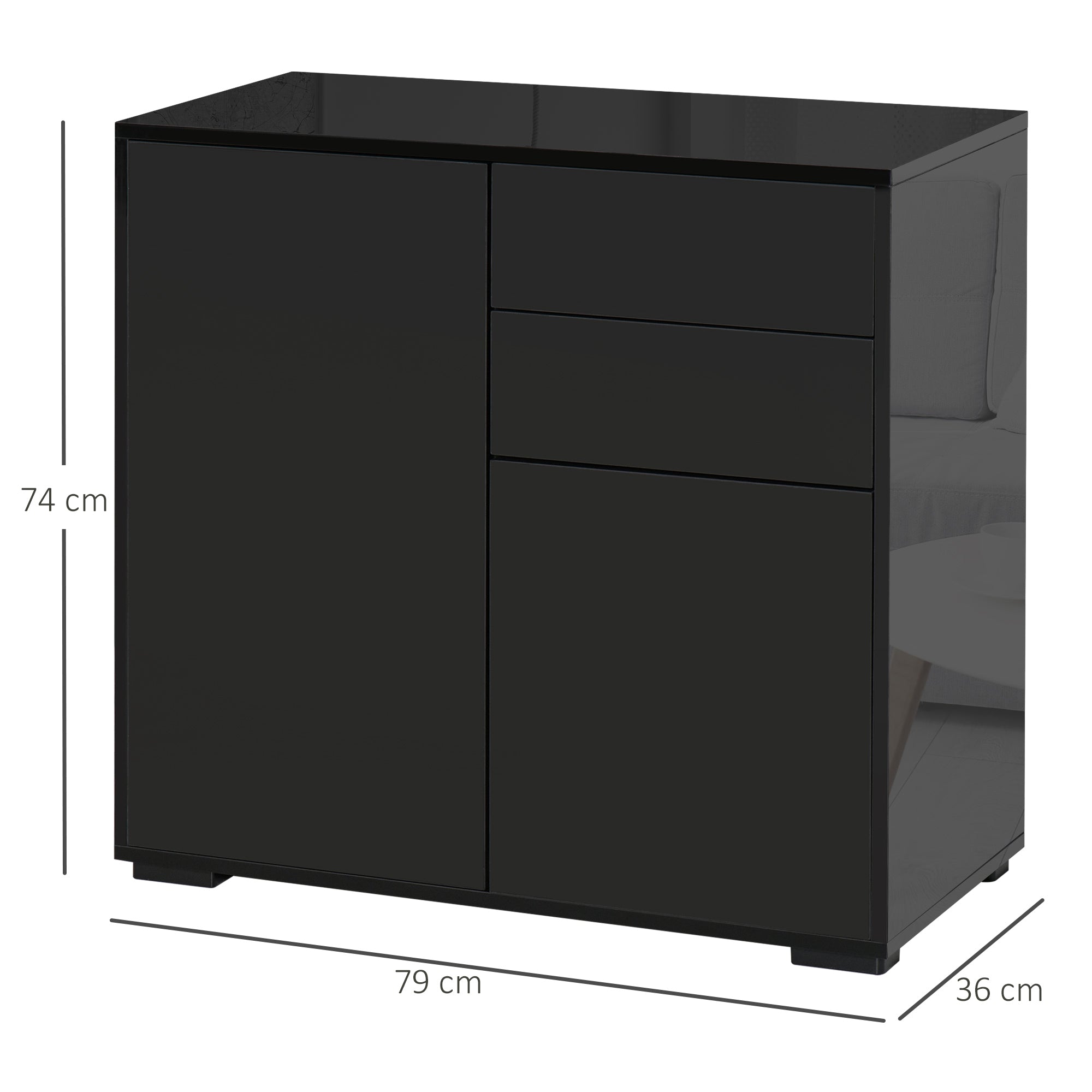 HOMCOM High Gloss Sideboard, Side Cabinet, Push-Open Design with 2 Drawer for Living Room, Bedroom, Black