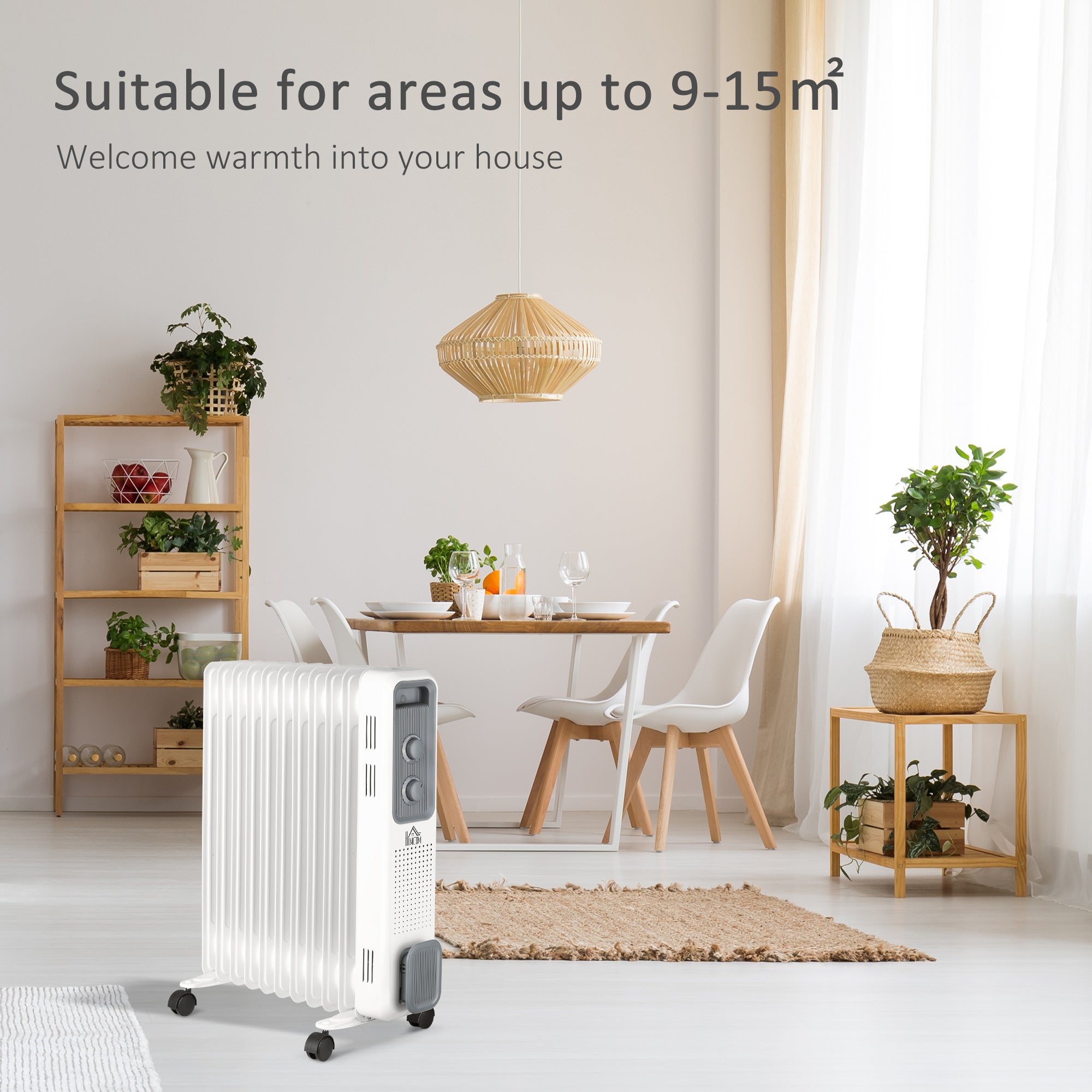 HOMCOM 2500W Oil Filled Radiator, 11 Fin, Portable Electric Heater with 3 Heat Settings, Safety Cut-Off and Wheels, White - North Peak Garden Furniture