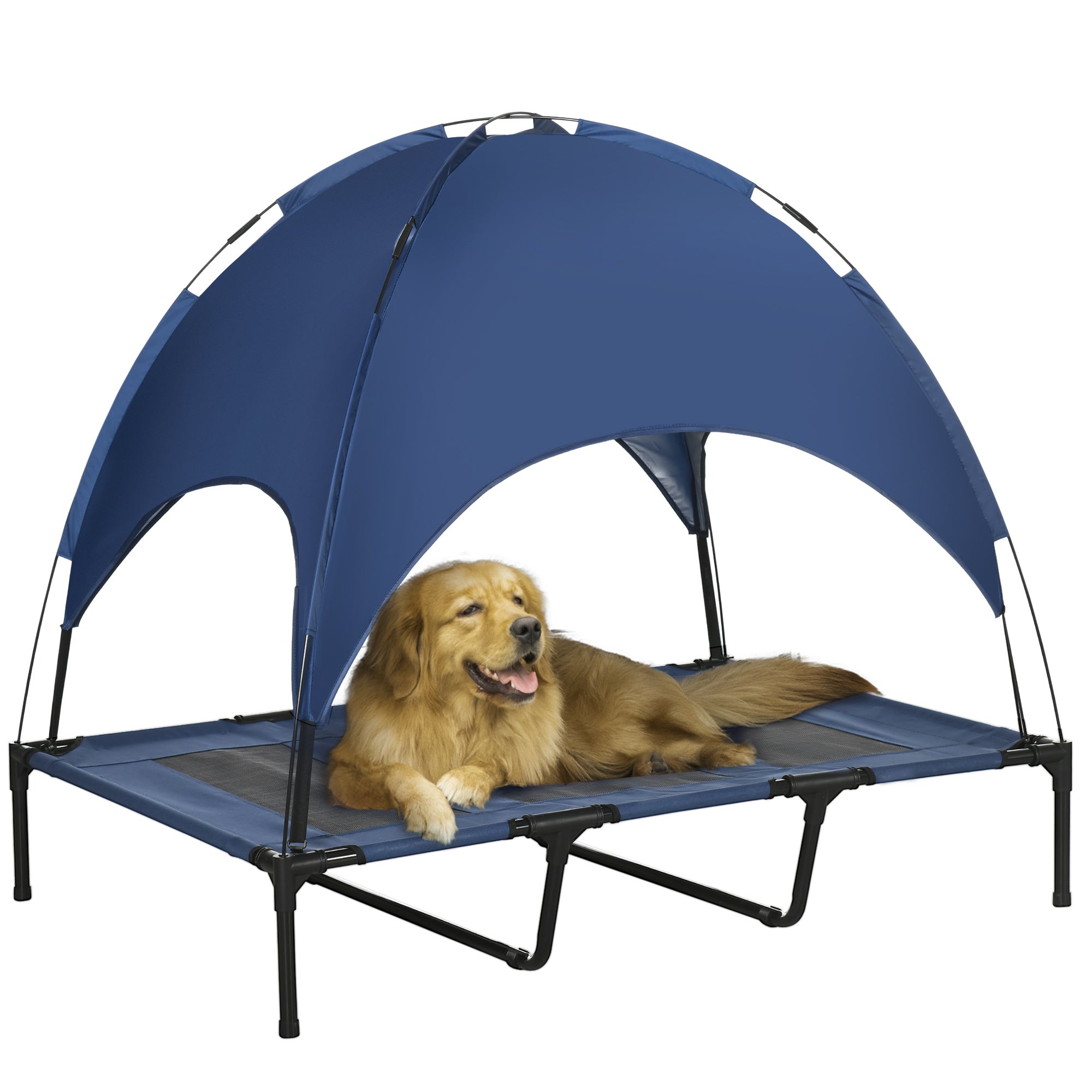 PawHut Raised Dog Bed Waterproof Elevated Pet Cot with Breathable Mesh UV Protection Canopy Blue, for XL Dogs, 122 x 92 x 108cm - North Peak Garden Furniture
