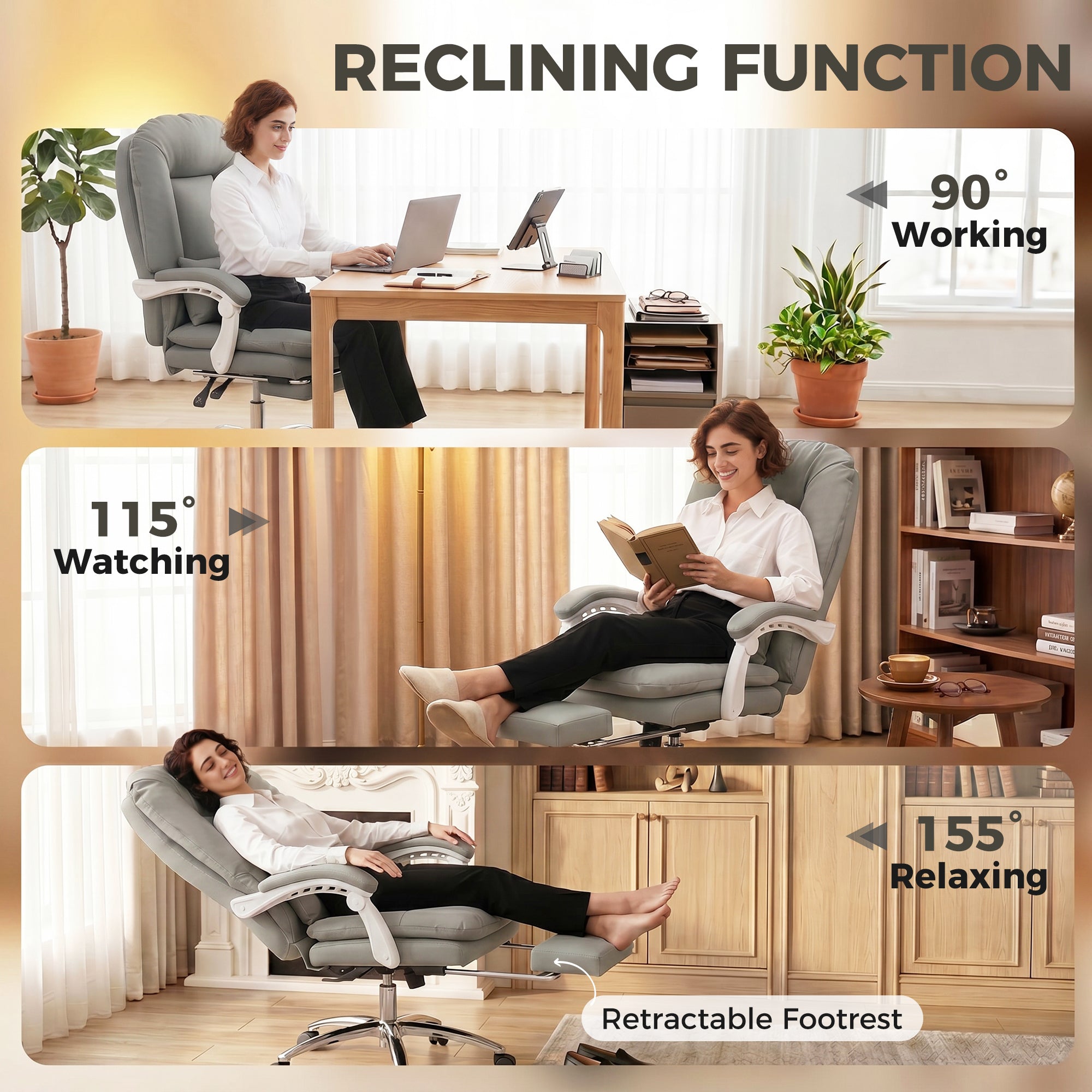 HOMCOM Ergonomic Executive Office Chair, Velvet Reclining Desk Chair with Lumbar Support, Footrest, Plush Thick Cushion, Grey