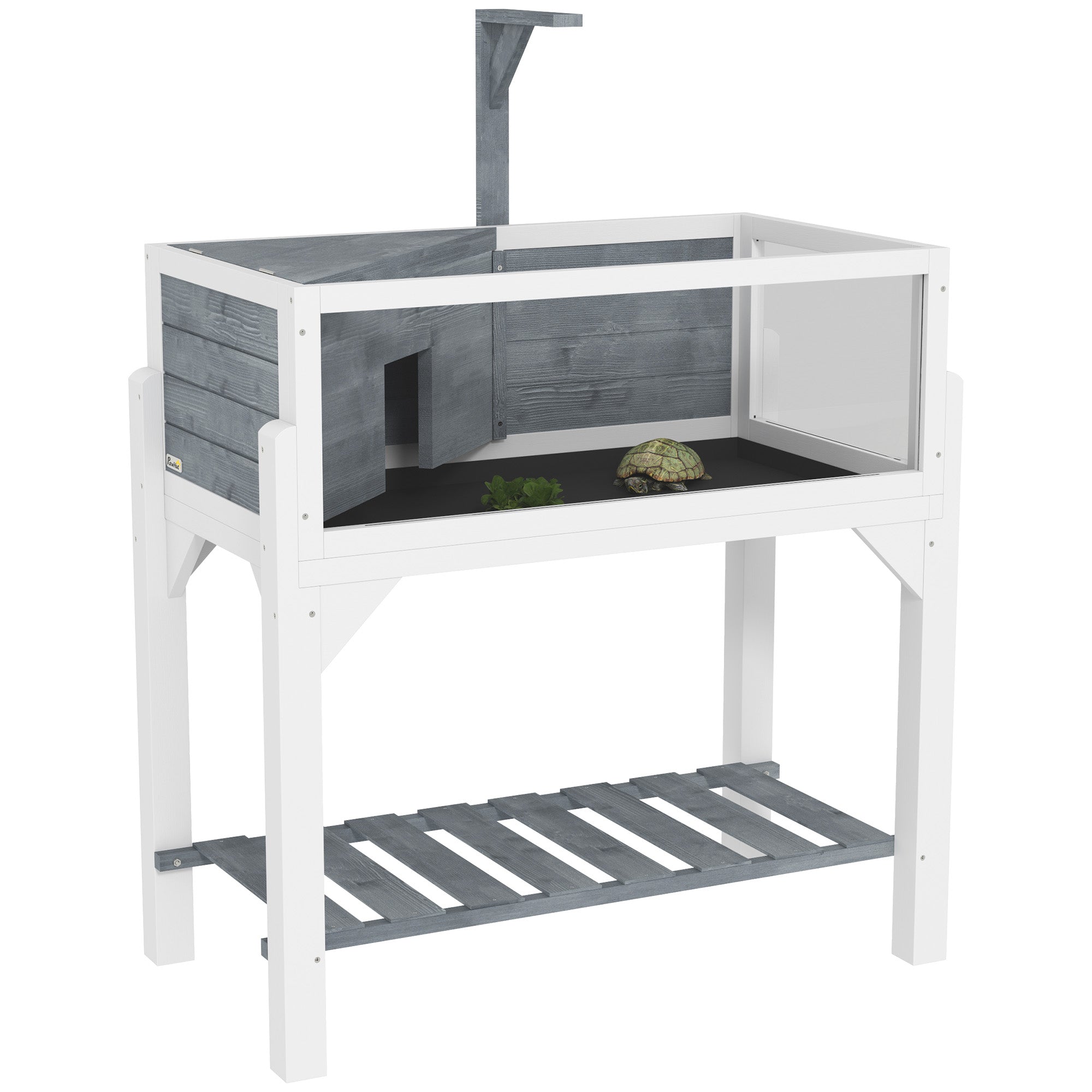 PawHut Wooden Tortoise House with Storage Shelf, Clear Observation Windows, Lamp Holder, Openable Top, Built-in Tray, Grey - North Peak Garden Furniture