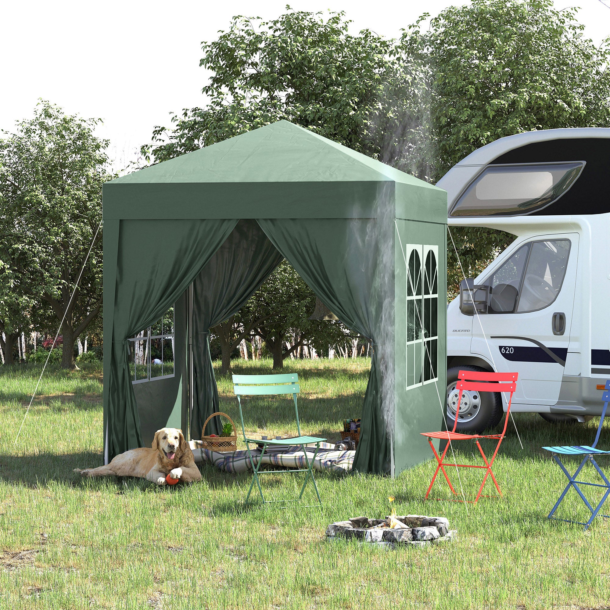 Outsunny 2 x 2 m Garden Pop Up Gazebo, Wedding Party Tent Marquee, Water Resistant Awning Canopy with Sidewalls, Windows, Carry Bag, Green - North Peak Garden Furniture