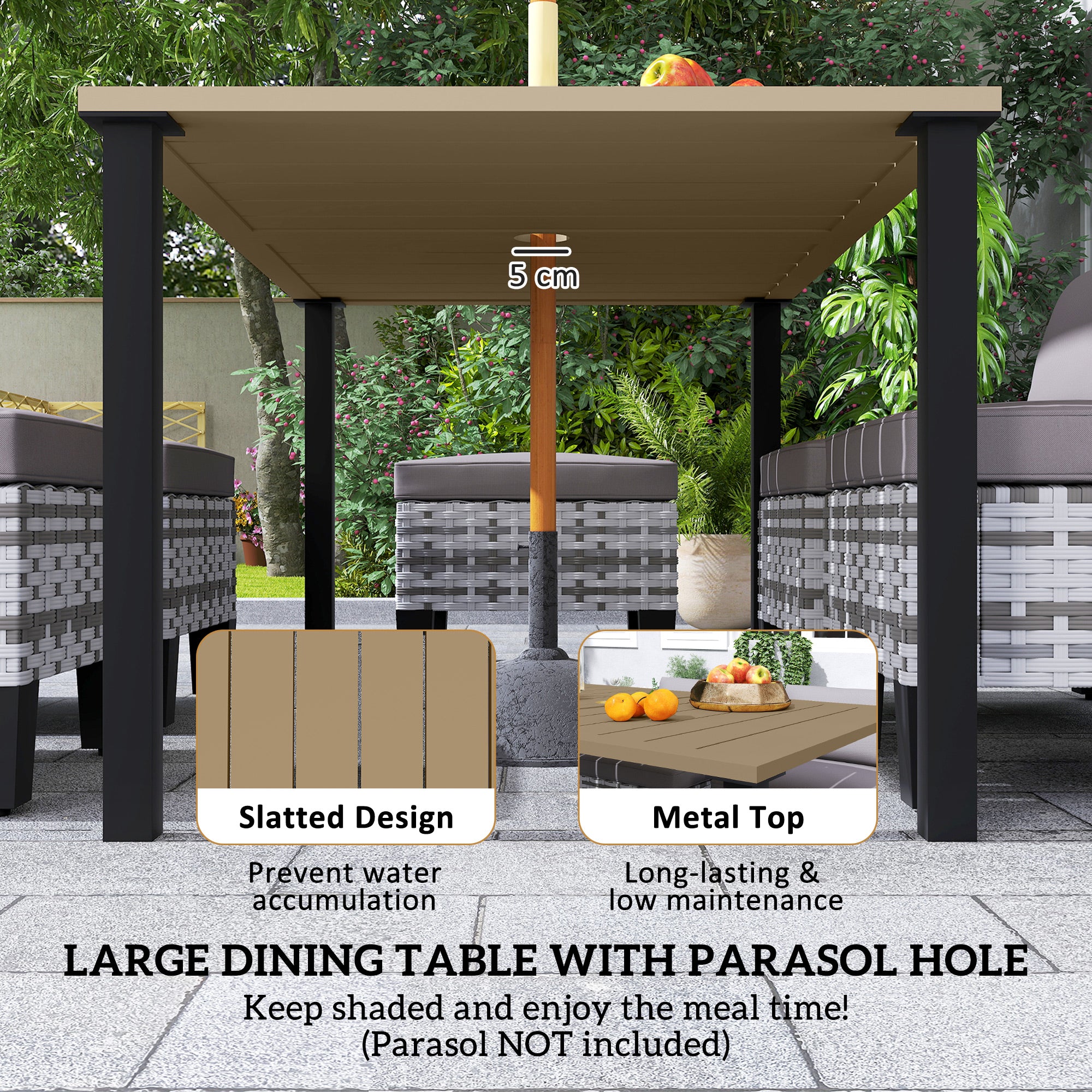 Outsunny 7-Piece Rattan Garden Dining Set, 6 Seater Wicker Garden Furniture Set with Seat and Back Cushions, Umbrella Hole, Patio Table and Chairs with Slatted Metal Top Table for Balcony, Grey