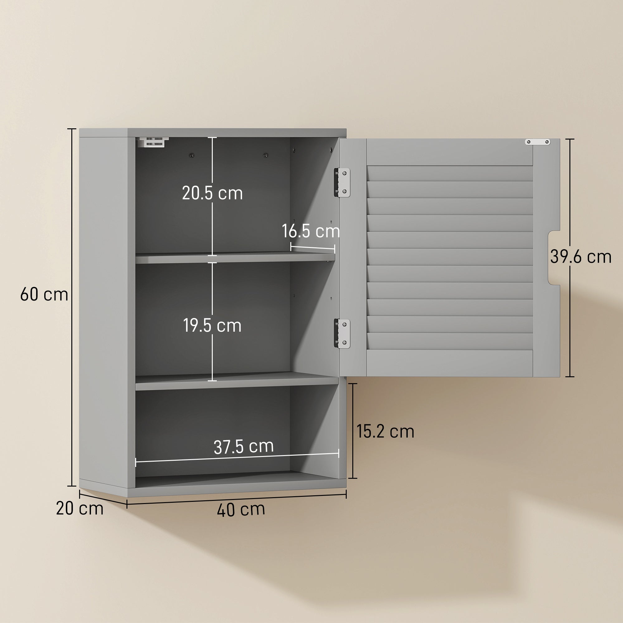 HOMCOM Bathroom Cabinet, Wall Mounted Storage Cabinet with Adjustable Shelves, 40 x 20 x 60 cm, Grey
