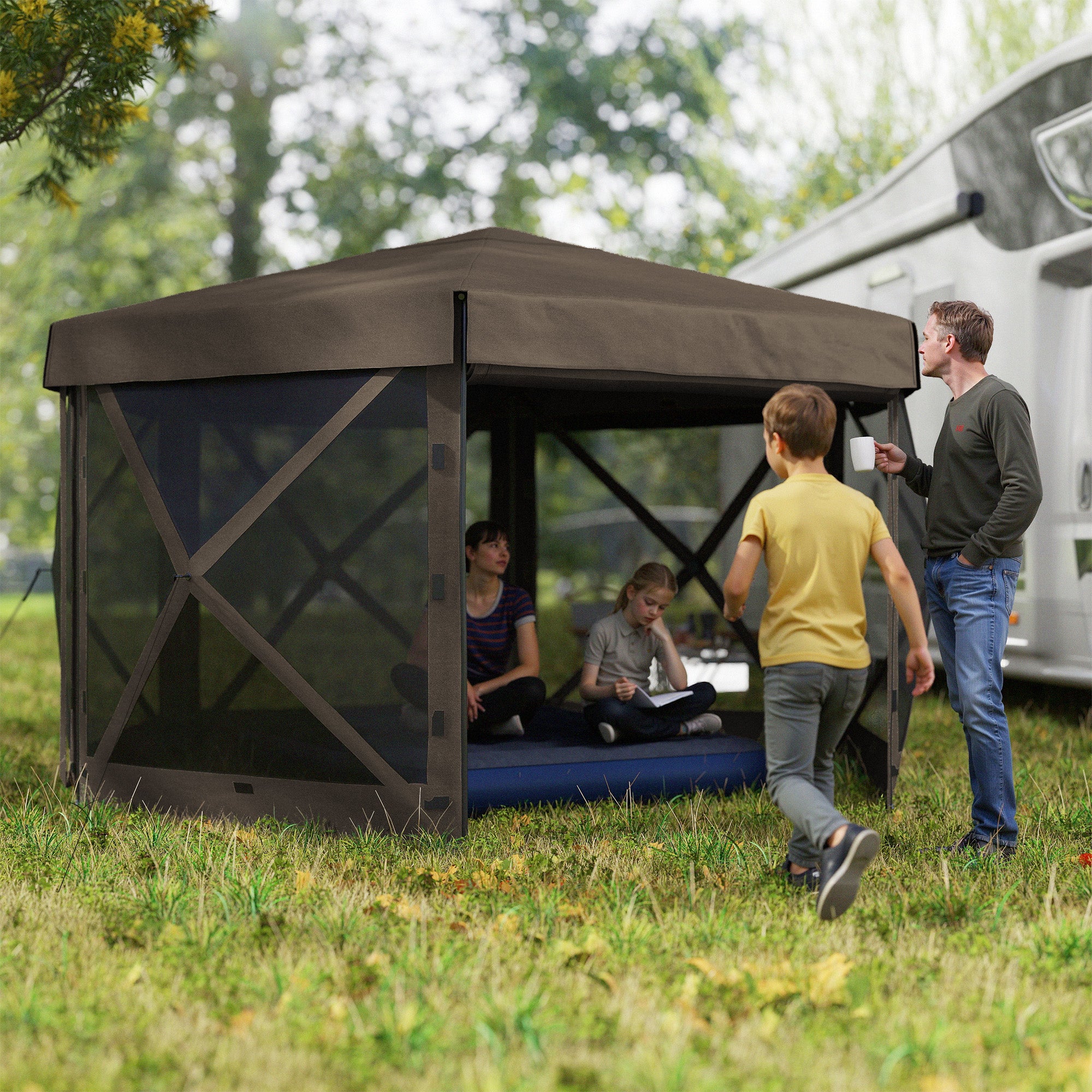 Outsunny 3 x 3(m) Hexagon Pop Up Gazebo with 5 Sides and Carry Bag, Waterproof, UV Resistant Party Tent Instant Event Shelter with Netting for Garden, Patio, Brown - North Peak Garden Furniture