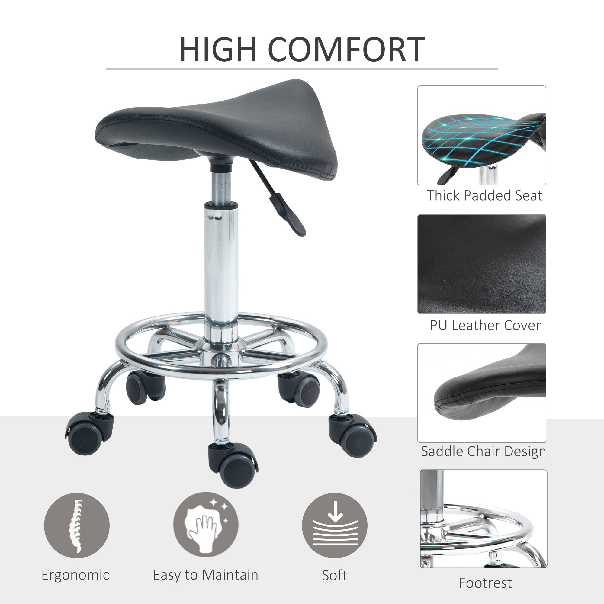 HOMCOM Salon Saddle Stool, Rolling Saddle Chair for Massage, Spa, Clinic, Beauty, Hairdressing and Tattoo, Black - North Peak Garden Furniture