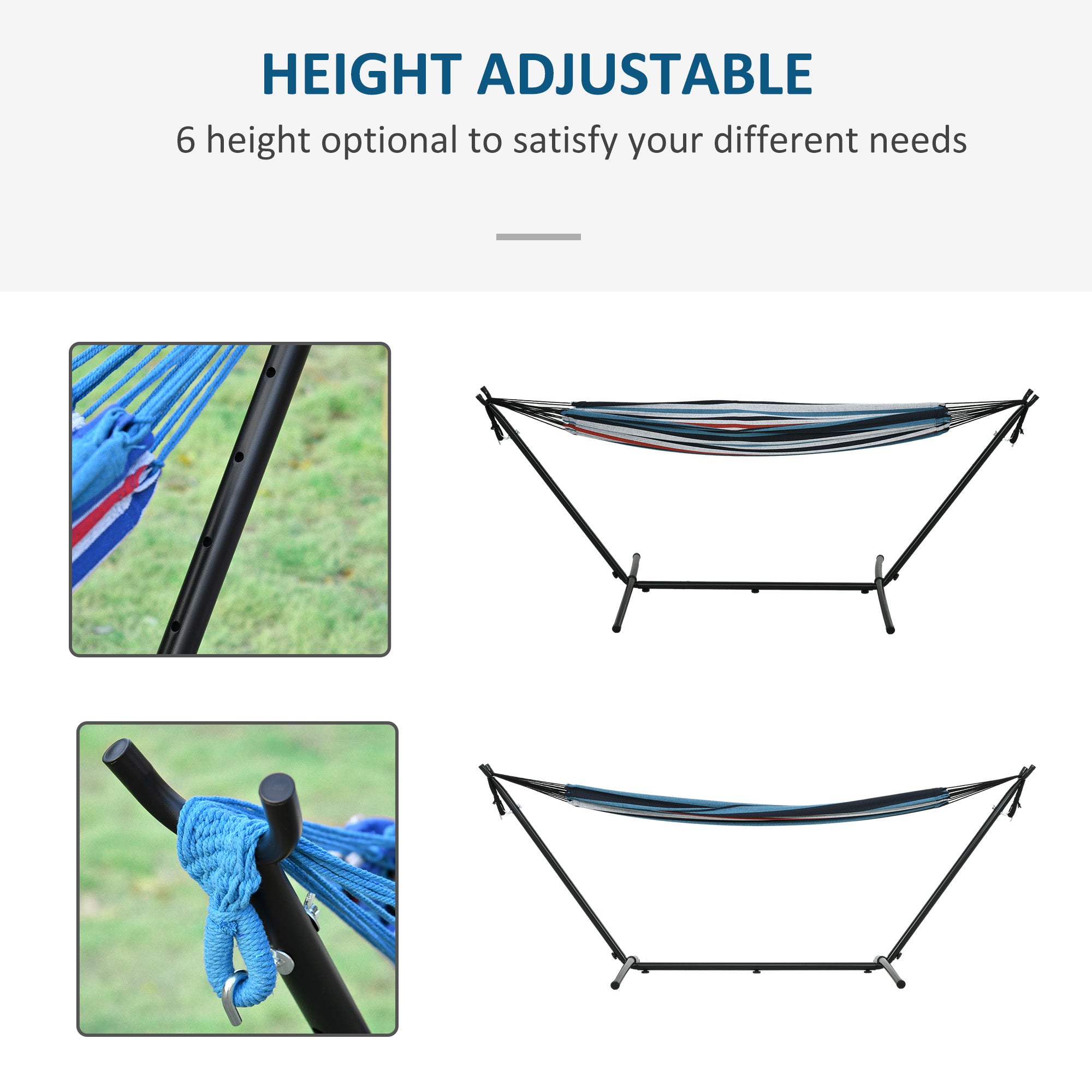 Outsunny 298 x 117cm Hammock with Stand Camping Hammock with Portable Carrying Bag, Adjustable Height, 120kg Load Capacity, White Stripe - North Peak Garden Furniture