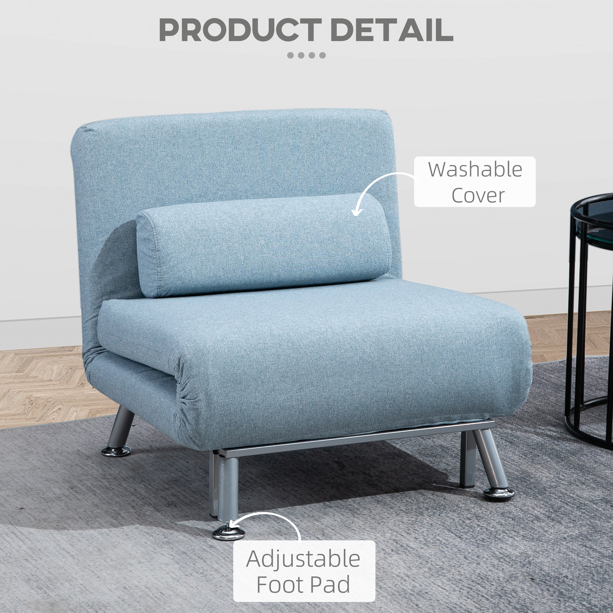 HOMCOM Single Sofa Bed, Chair Bed, 3-in-1 Convertible Sleeper Chair with Adjustable Backrest, Pillow, for Living Room, Bedroom, Sky Blue - North Peak Garden Furniture