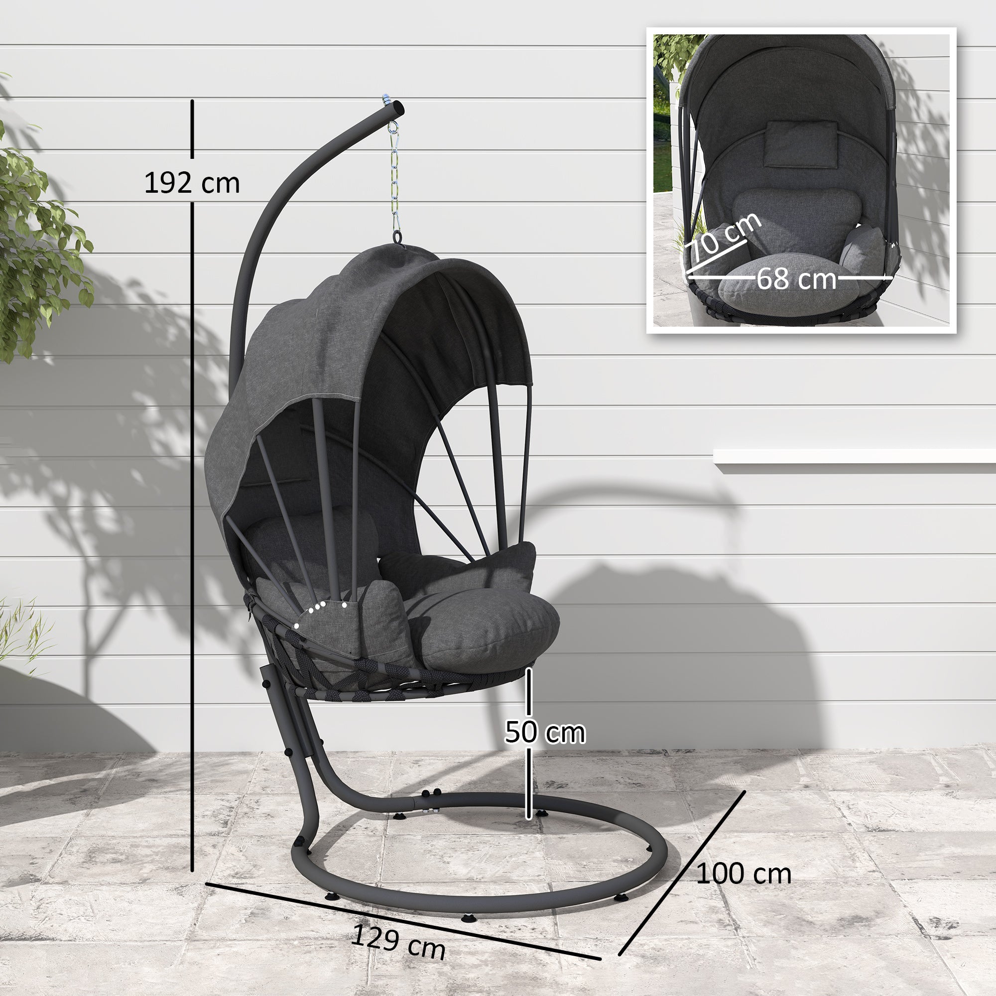 Outsunny Hanging Egg Chair Swing Hammock Chair with Stand, Cushion and Retractable Canopy, for Indoor and Outdoor, Grey - North Peak Garden Furniture