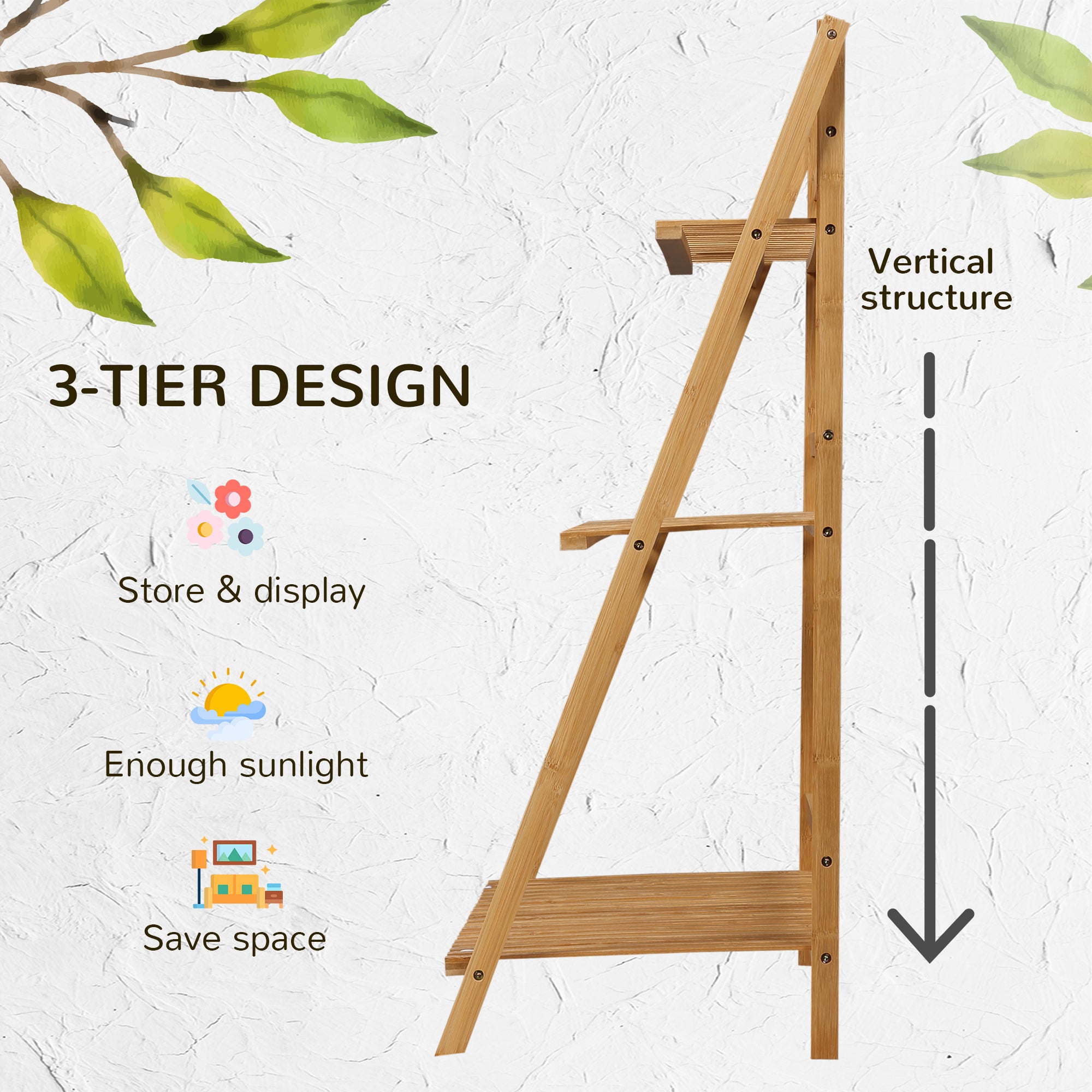 Outsunny 3-Tier Plant Stand, Plant Shelf Rack, Folding Bamboo Display Stand, 98x37x96.5cm, Natural - North Peak Garden Furniture