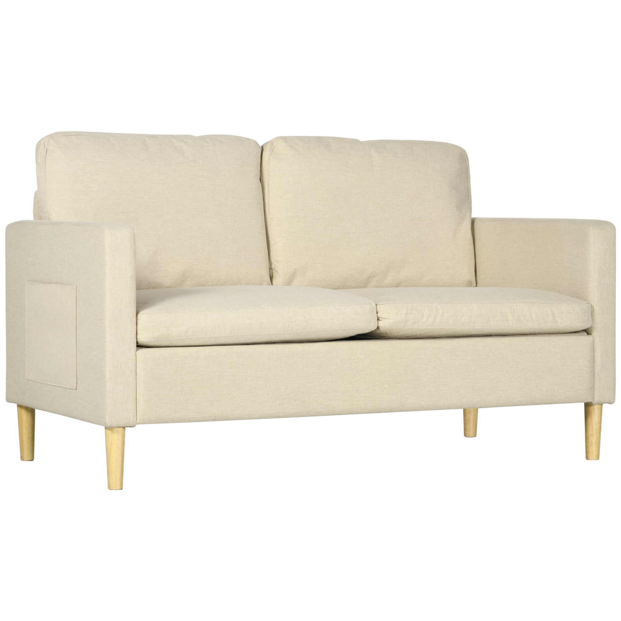 HOMCOM Two Seater Sofa for Living Room, Modern Fabric Couch with Wood Legs and 2 Pockets for Bedroom and Home Office, Beige - North Peak Garden Furniture