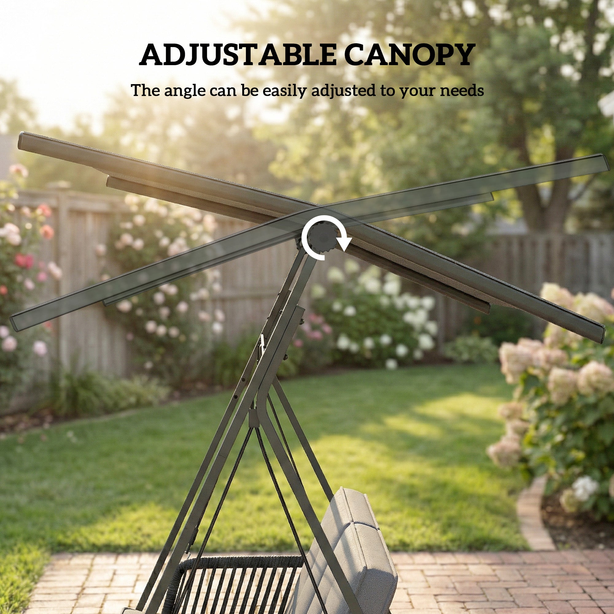 Outsunny 2-Seater Rattan Swing Chair, Outdoor Garden Hanging Swing Seat with Stand, Adjustable Canopy and Soft Cushions