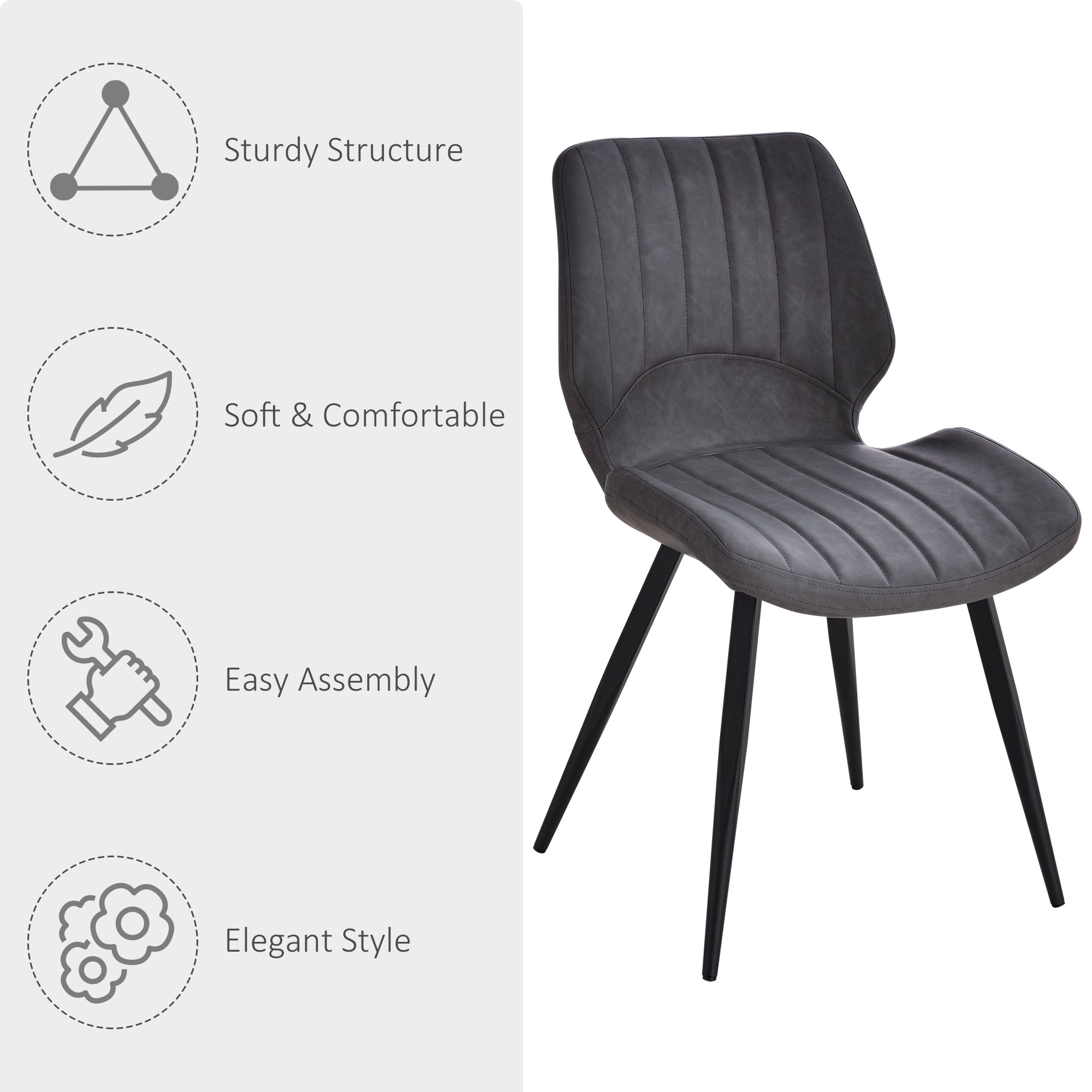 HOMCOM Dining Chairs Set of 2, PU Leather Upholstered Kitchen Chairs with Backs, Moulded Padded Seats and Steel Frame for Dining Room, Grey - North Peak Garden Furniture
