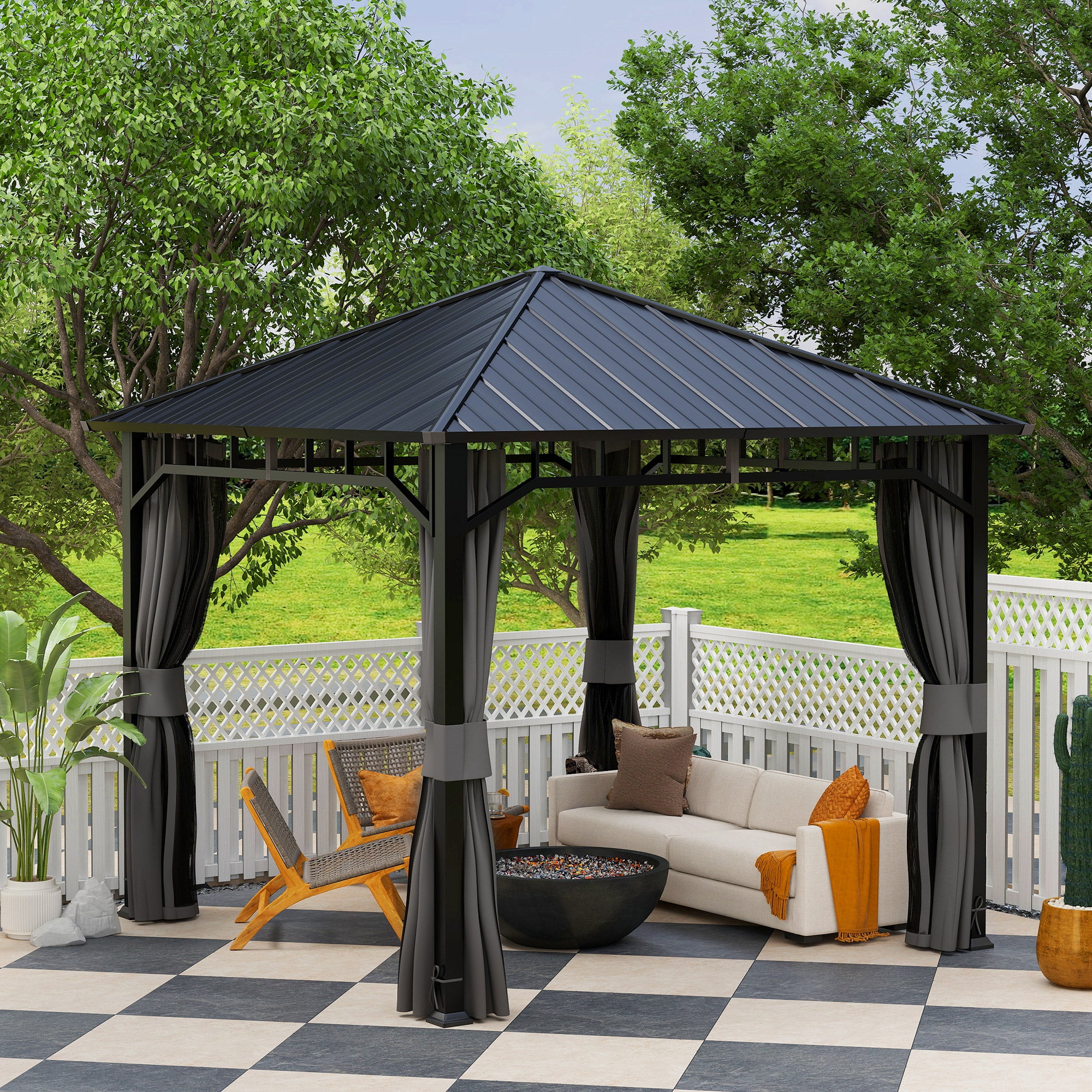 Outsunny 3 x 3(m) Hardtop Gazebo with Galvanised Steel Roof, Waterproof Permanent Pavilion Garden Gazebo with Netting and Curtains for Patio, Deck