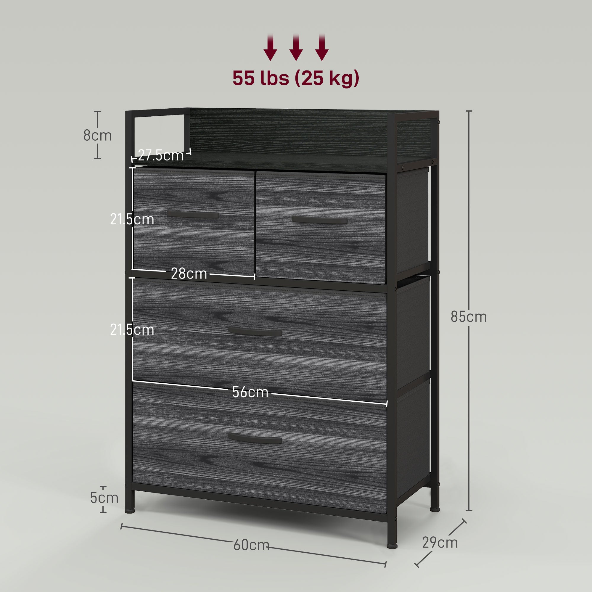 HOMCOM Rustic Chest of Four Fabric Drawers - Black - North Peak Garden Furniture