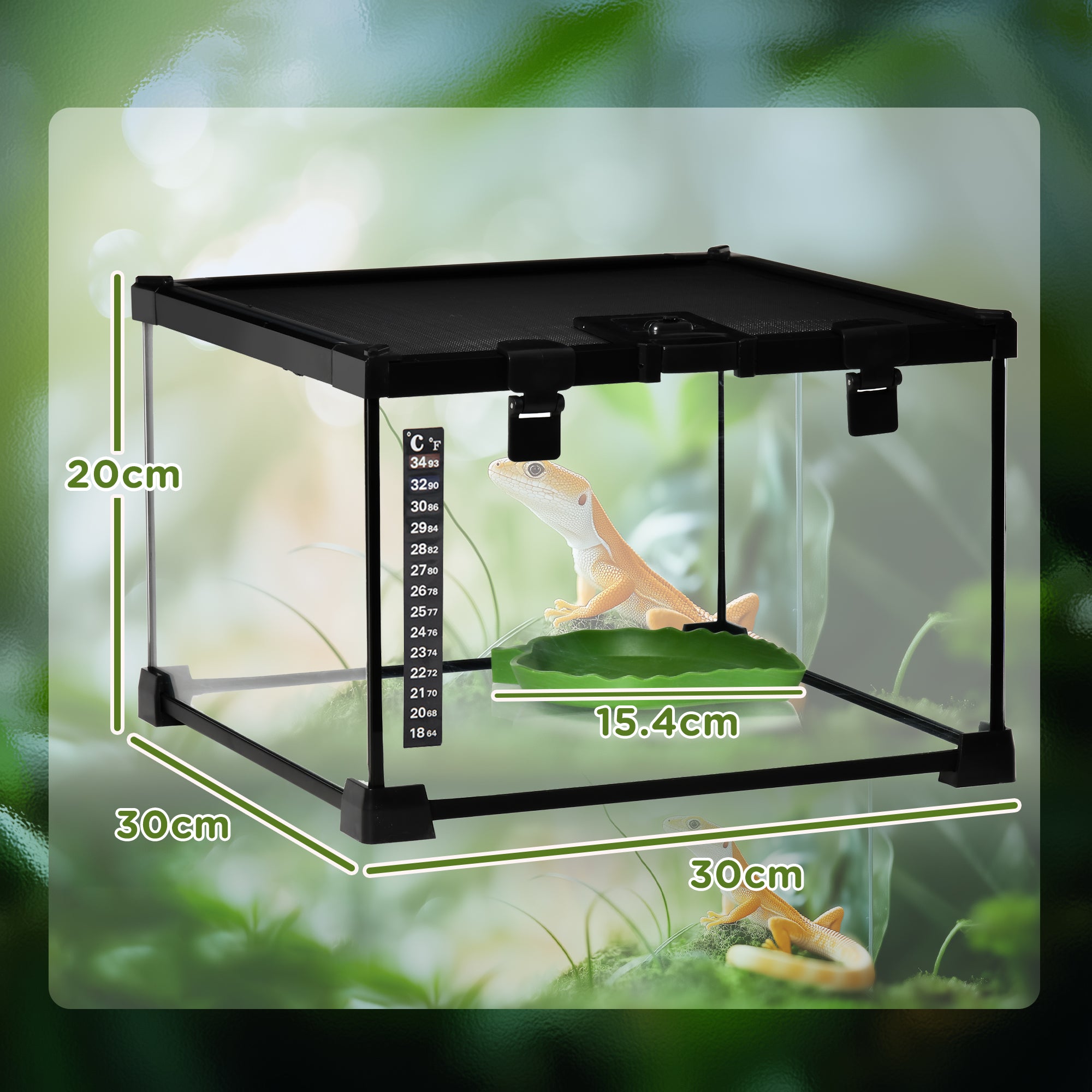 PawHut Glass Reptile Terrarium Insect Breeding Tank Vivarium Habitats with Thermometer for Lizards, Horned Frogs, Snakes, Spiders - Small 30 x 30 x 20cm - North Peak Garden Furniture