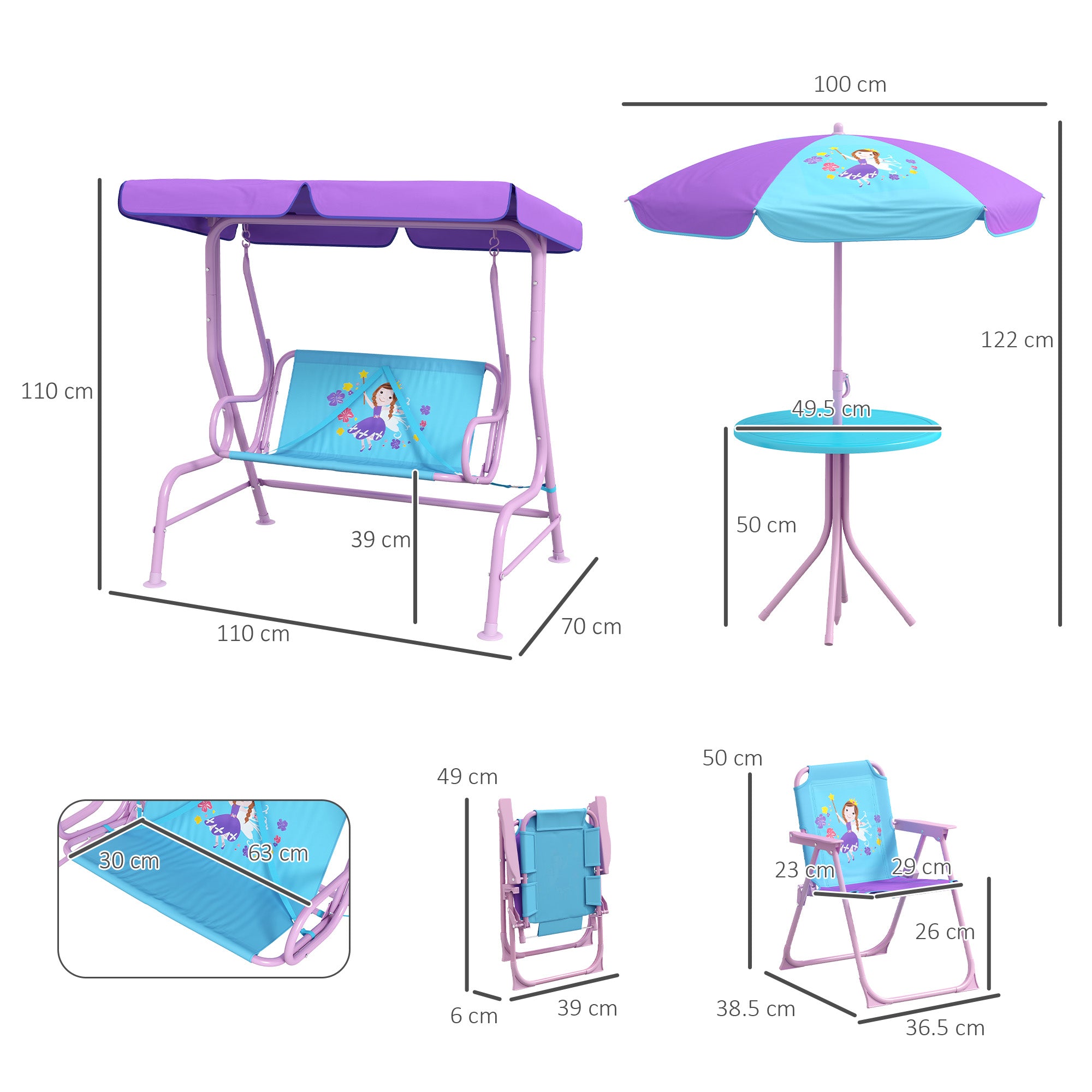 Outsunny 4PCs Kids Garden Furniture Set w/ 2 Seater Garden Swing Chair with Adjustable Canopy, Childrens Table and Chair Set with Parasol, for Toddler Girls 3-6 Years Old - North Peak Garden Furniture