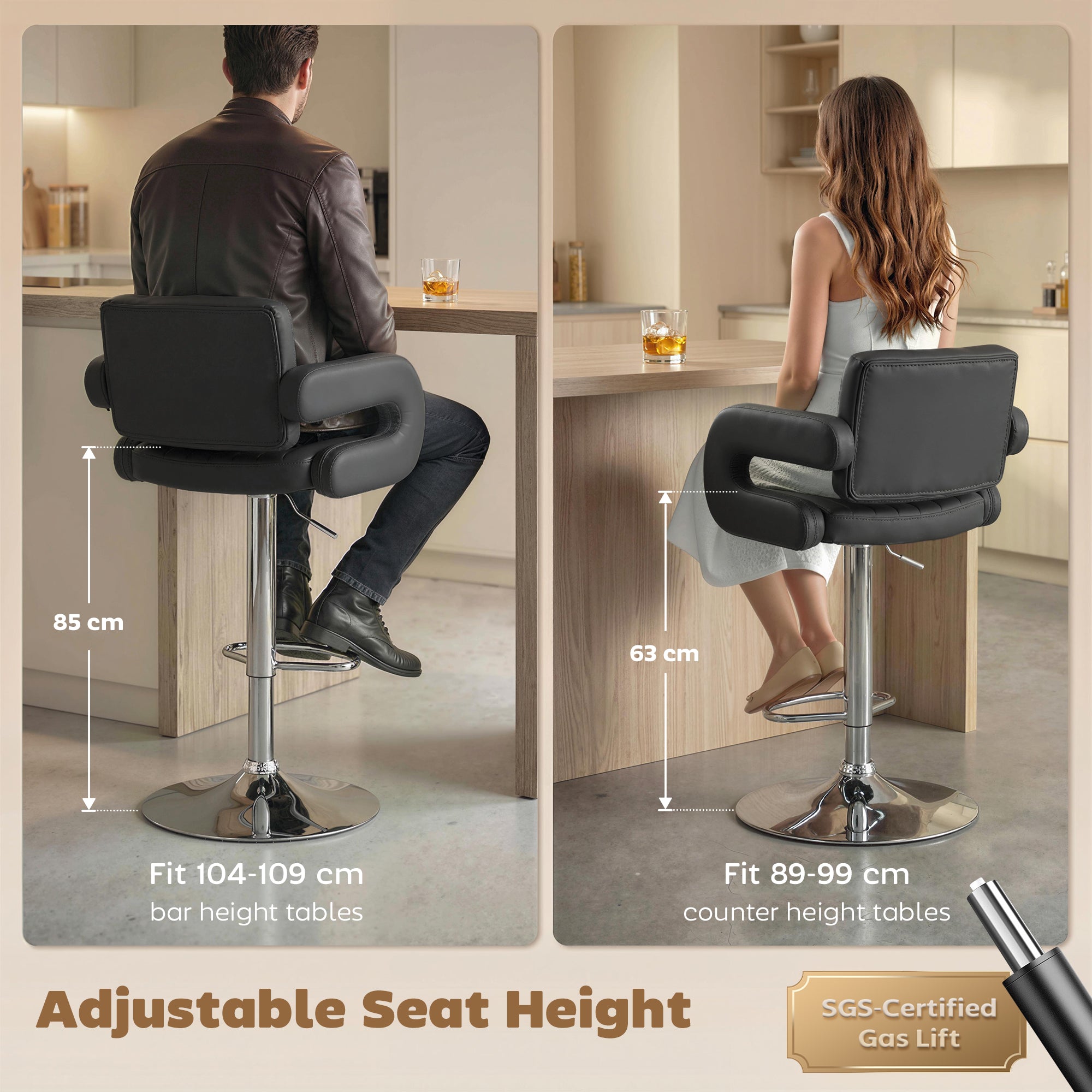 HOMCOM Bar Stools Adjustable Swivel Kitchen Chairs with Backrest Armrest Set of 2 PU Leather Black