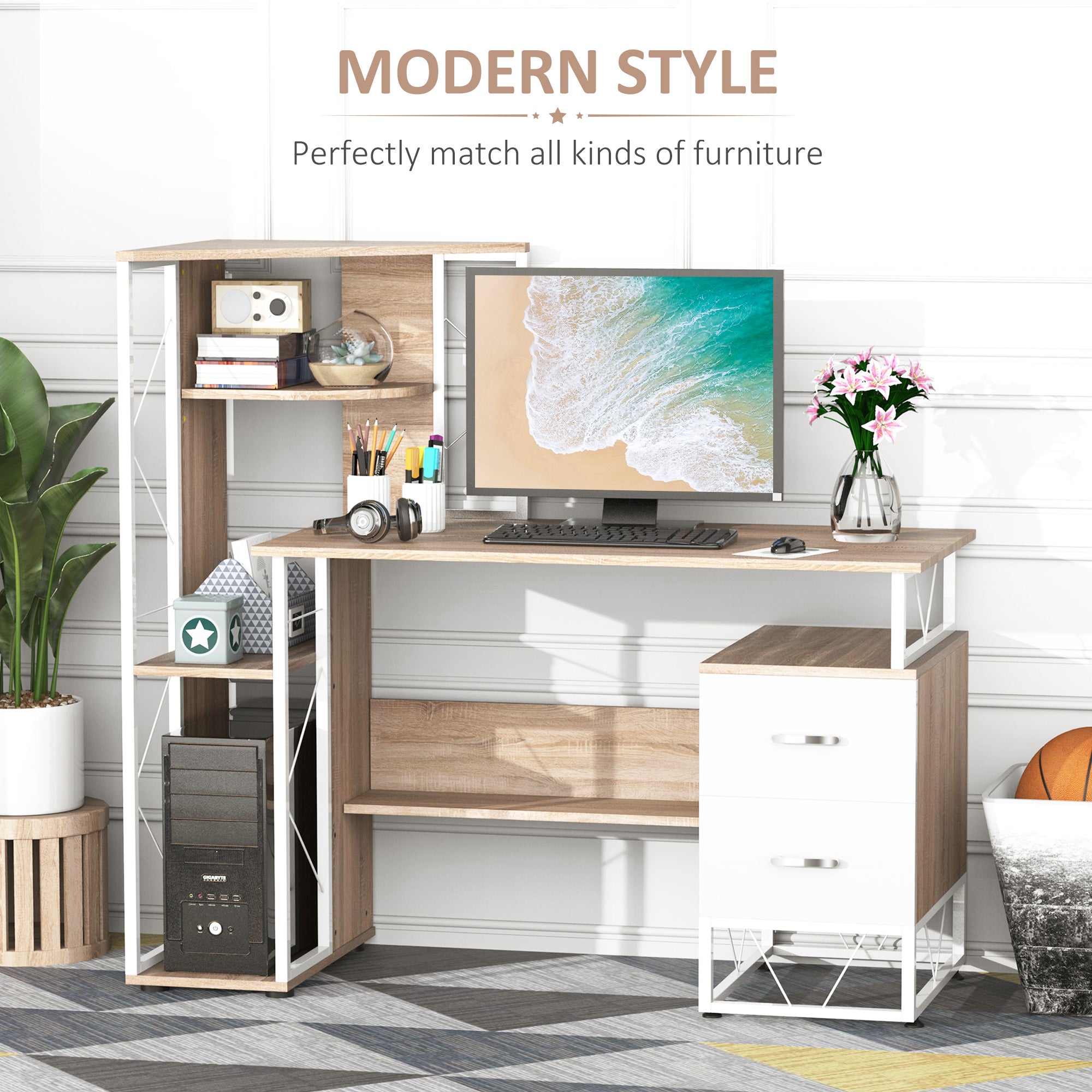 HOMCOM Computer Desk with Drawers and Bookshelf, Writing Desk for Home Office with Storage Shelves, Study Workstation, Oak - North Peak Garden Furniture