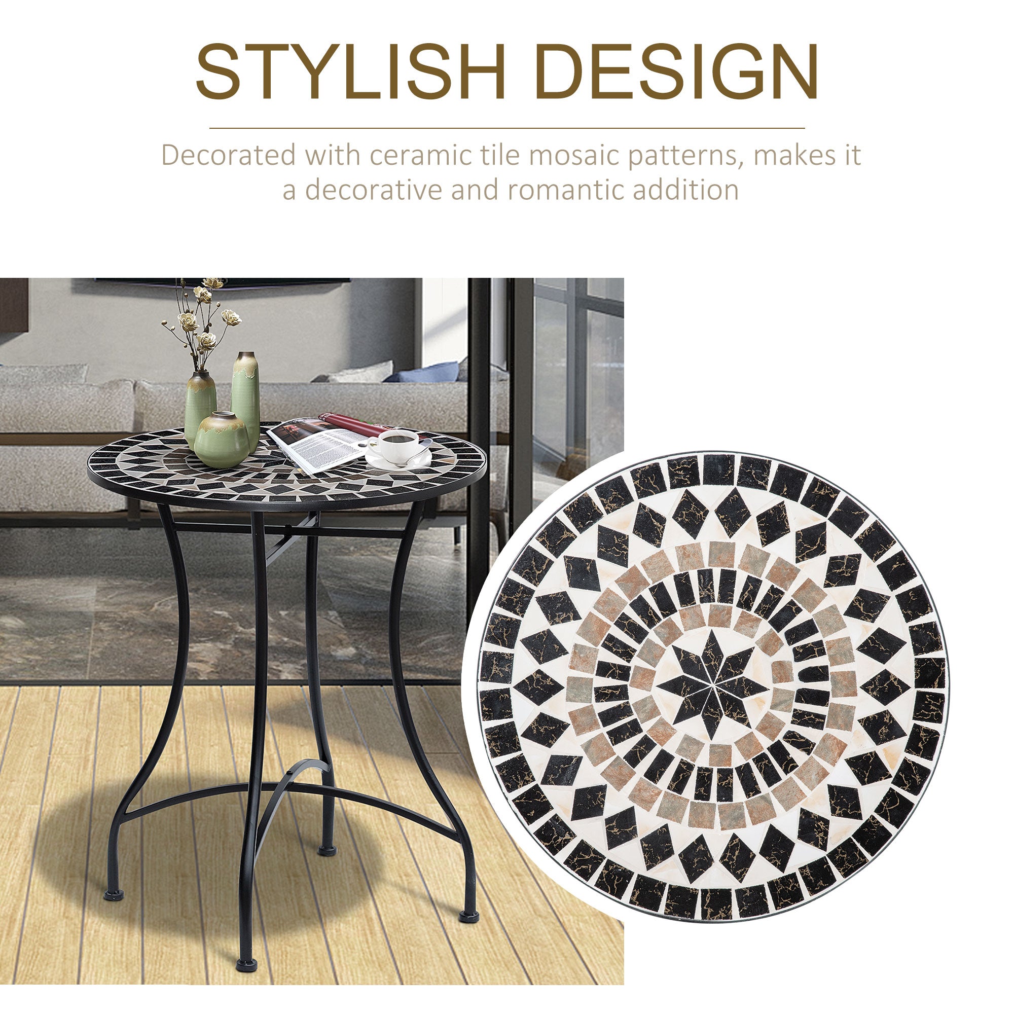 Outsunny Φ60cm Mosaic Outdoor Patio Table - Black - North Peak Garden Furniture