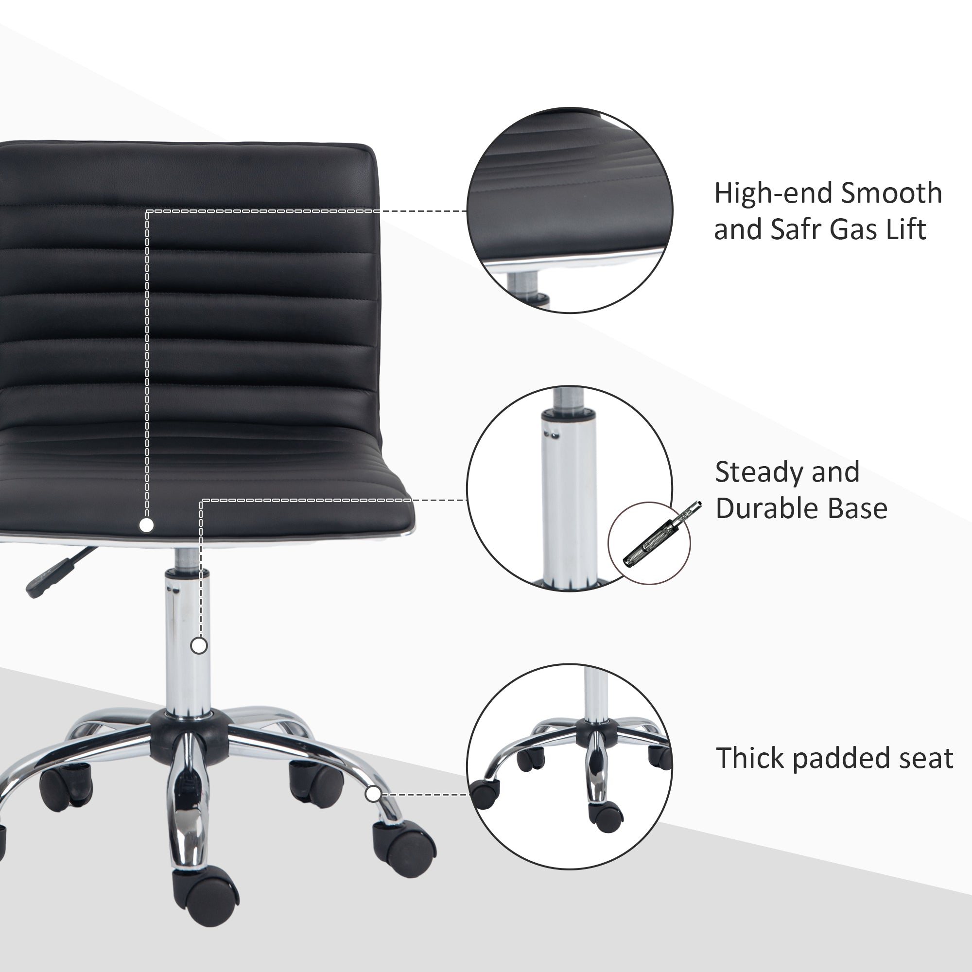 HOMCOM Adjustable Swivel Office Chair with Armless Mid-Back in PU Leather and Chrome Base - Black - North Peak Garden Furniture