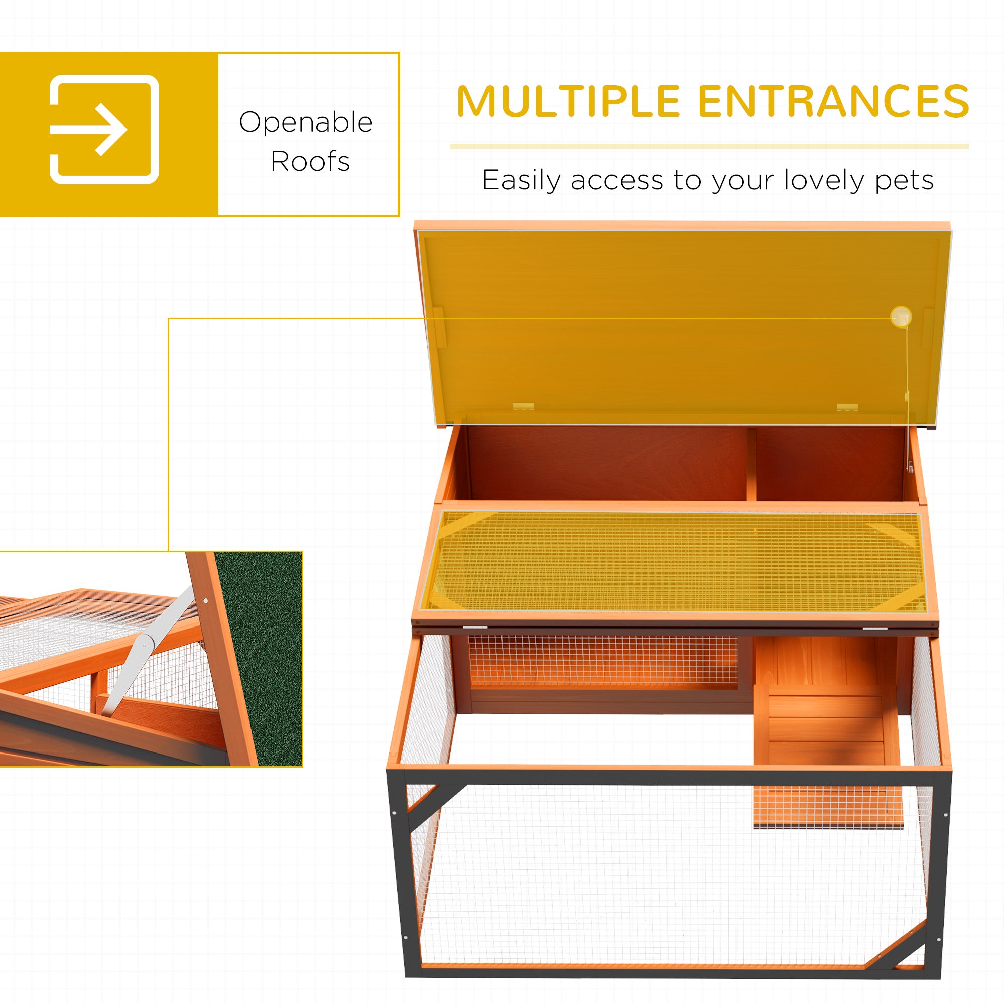 PawHut Rabbit Hutch Outdoor Guinea Pig Hutch with Run Small Animal Off-ground Duck House Hideaway Backyard with Openable Roof 125.5 x 100 x 49cm Orange - North Peak Garden Furniture
