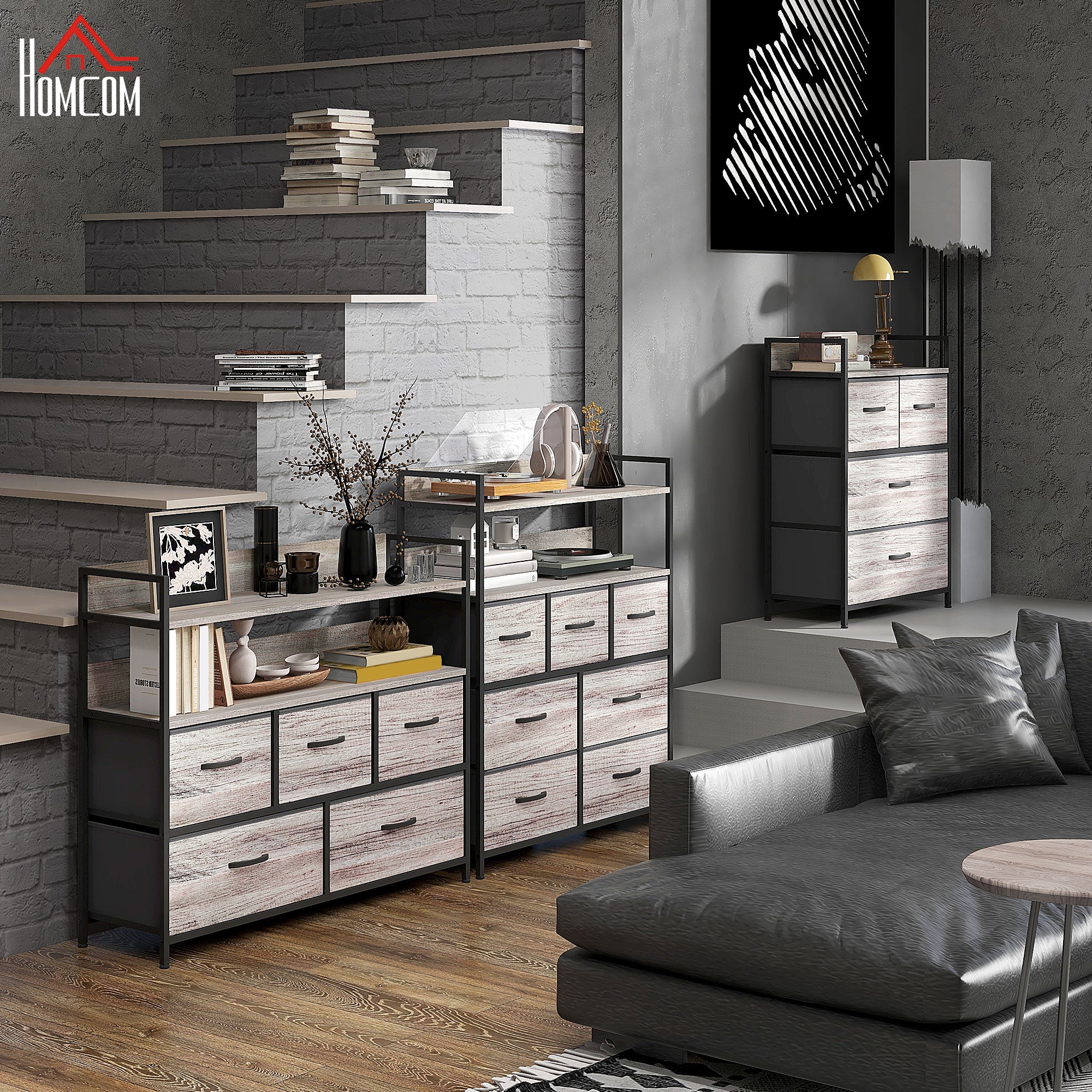 HOMCOM Rustic Chest of Seven Fabric Drawers - Grey Wood Effect | Aosom UK