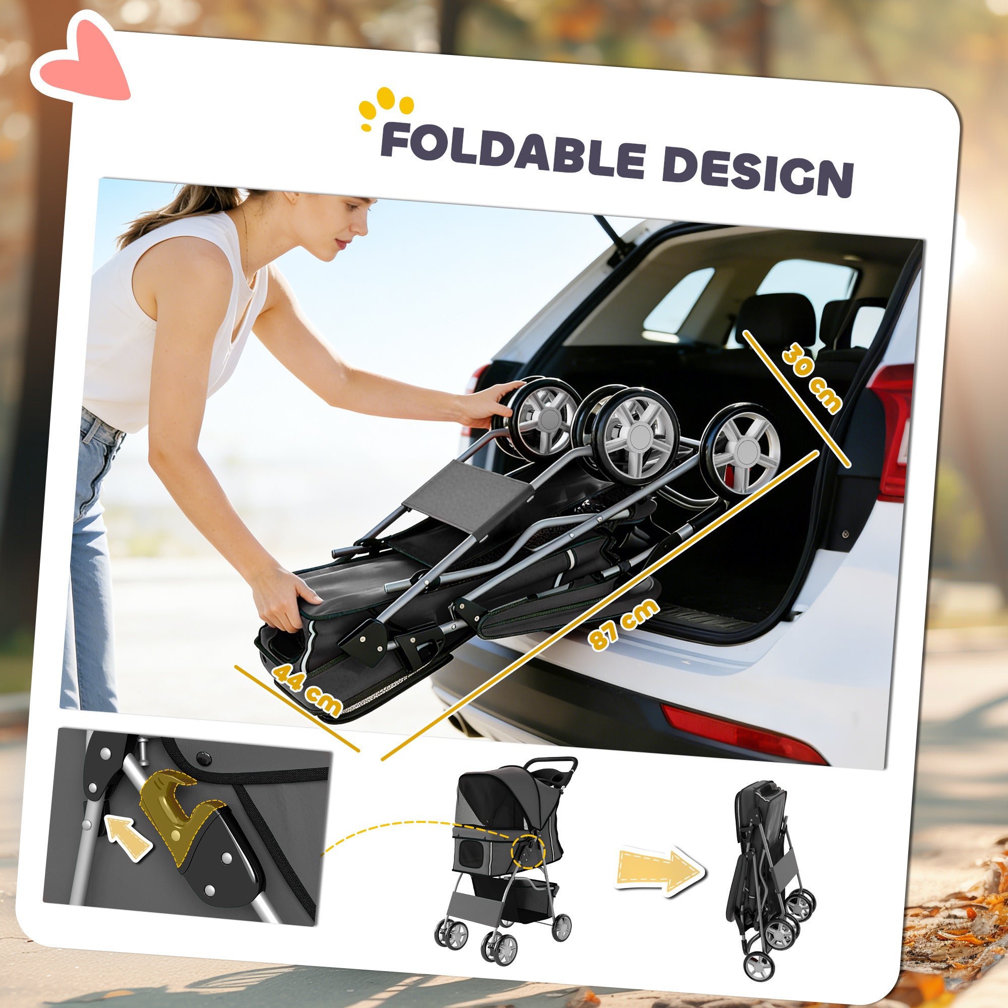 PawHut Dog Pram, Pet Stroller with Reflective Strips, Foldable Cat Stroller with 360° Swivel Wheels, Dark Grey