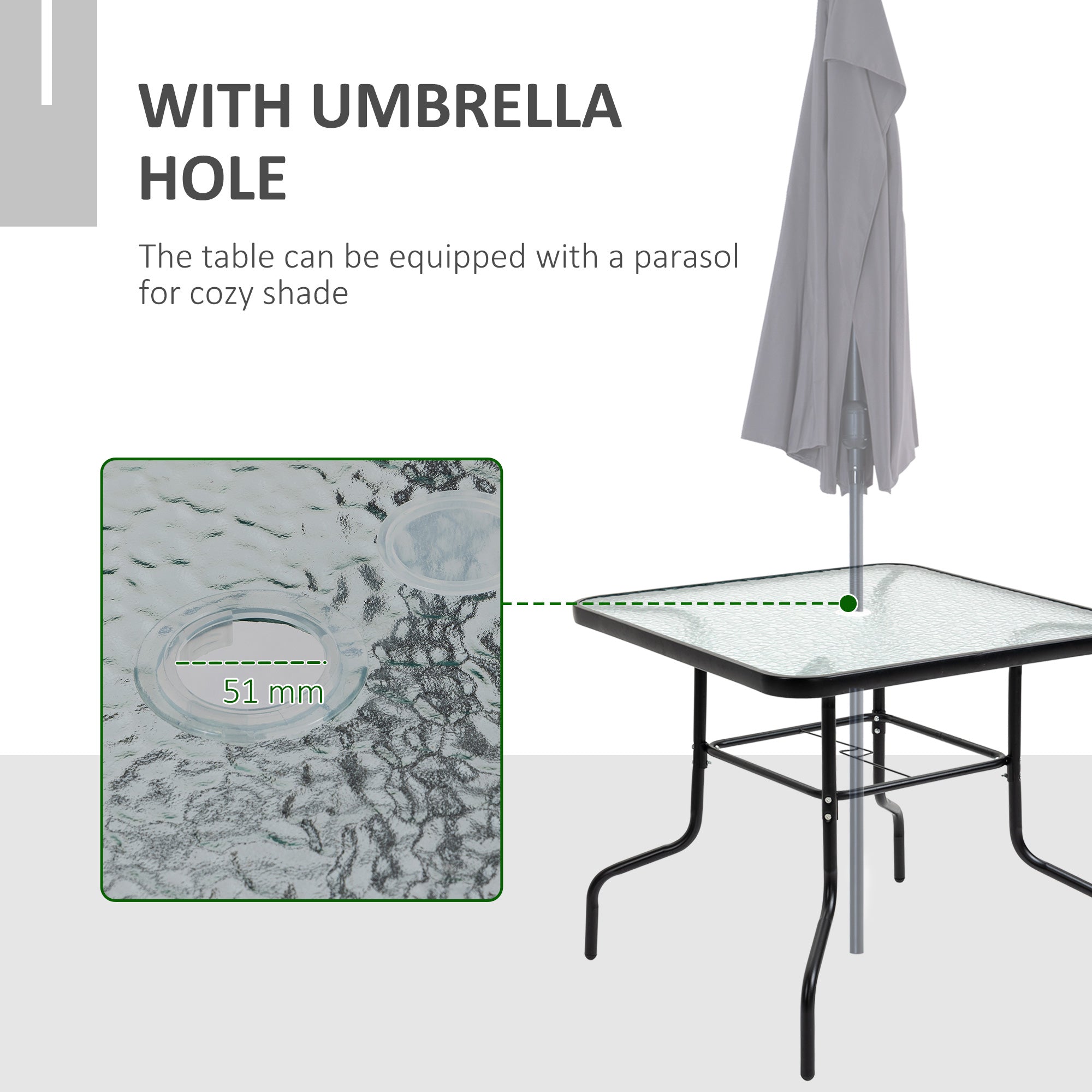 Outsunny 5 Piece Garden Dining Set Outdoor Dining Furniture 4 Folding Chairs, Glass Top Table with Parasol Hole, Texteline Seats, Black - North Peak Garden Furniture